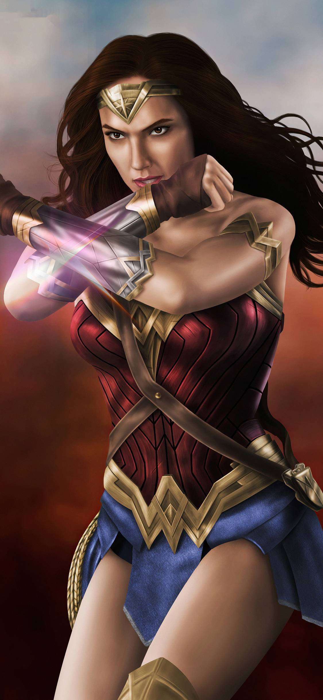 Wonder Woman 1984 桌布 壁紙 — 神力女超人穿著標誌性的紅金藍盔甲，在火熱的天空下以發光的套索能量擺出強有力的姿勢。
