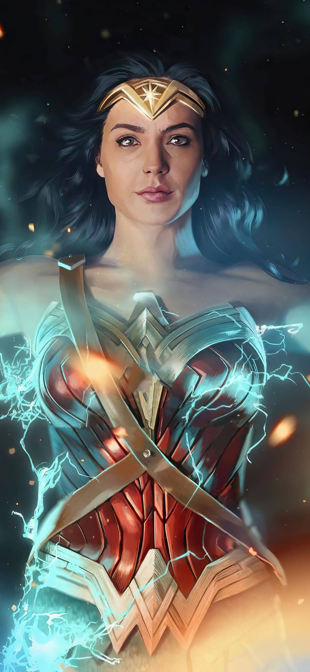 Wonder Woman 桌布 壁紙 — 神力女超人穿著標誌性盔甲，在宇宙星空背景下散發電光能量，蓄勢待發。