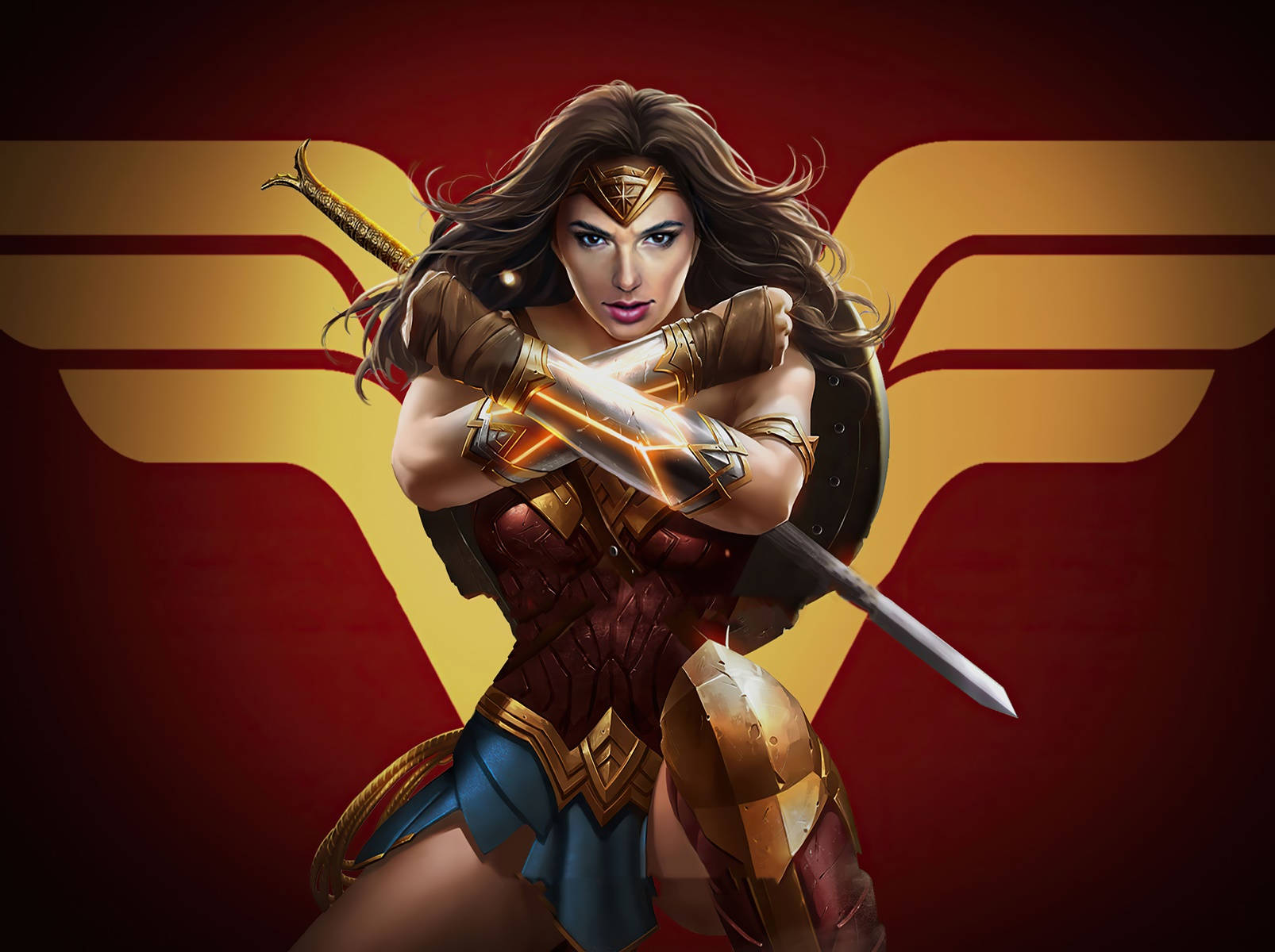 Wonder Woman 桌布 壁紙 — 神力女超人穿著標誌性盔甲，手持劍與盾，站在大膽的紅金翅膀徽章背景前。