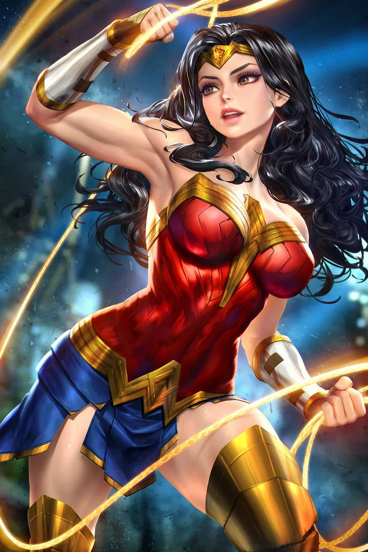 動漫女孩 桌布 壁紙 — 神力女超人穿著紅、藍、金色盔甲，在宇宙星空背景下揮舞真言套索。