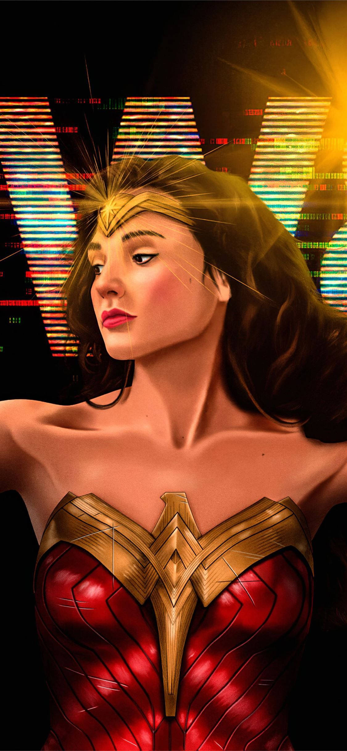 Wonder Woman 1984 桌布 壁紙 — 神力女超人穿著紅色和金色盔甲，站在發光的數字字母和耀眼的光束前。