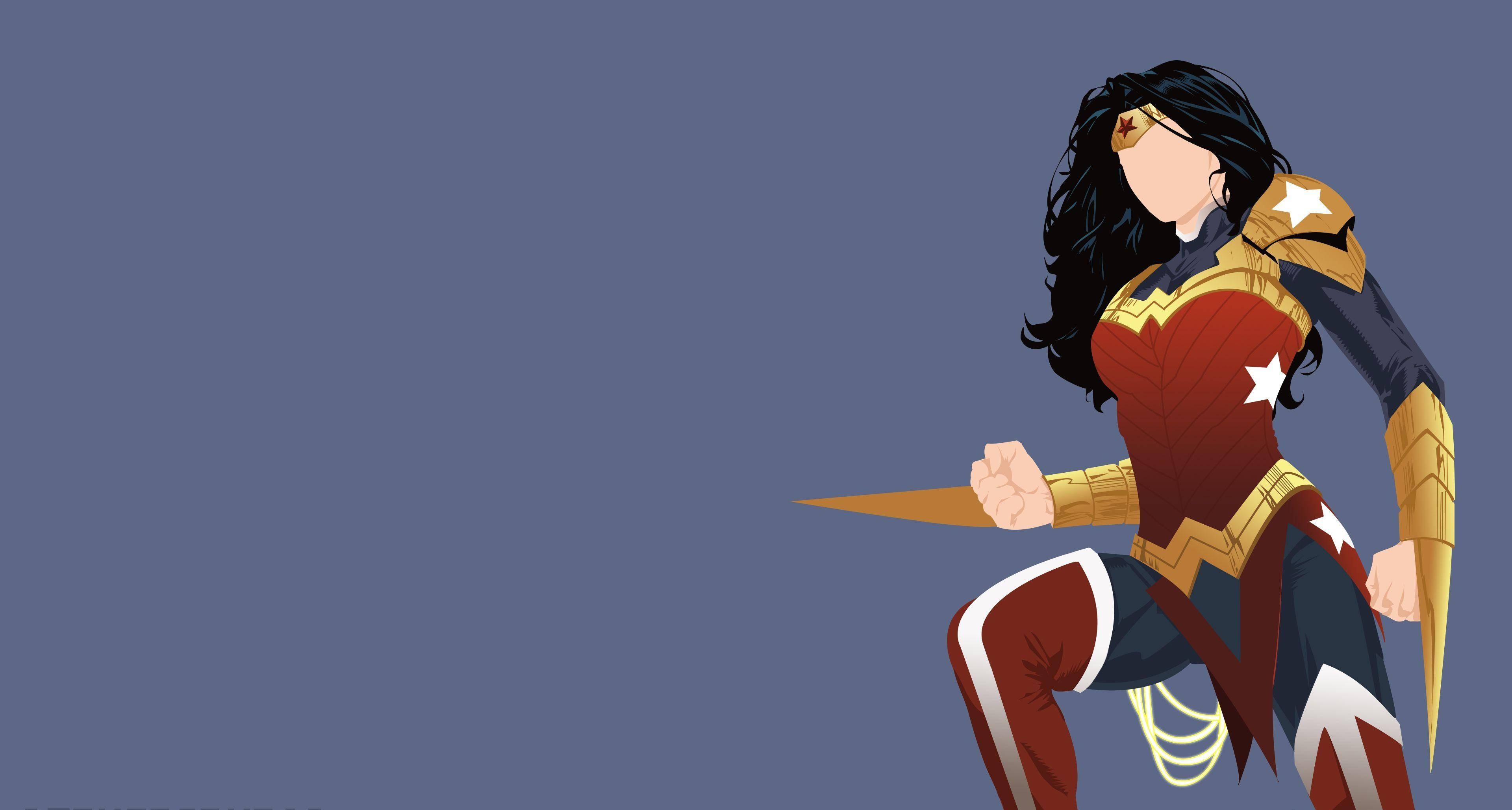 Wonder Woman 桌布 壁紙 — 神力女超人穿著經典紅金藍盔甲，手持真言套索，站在純藍色背景前。