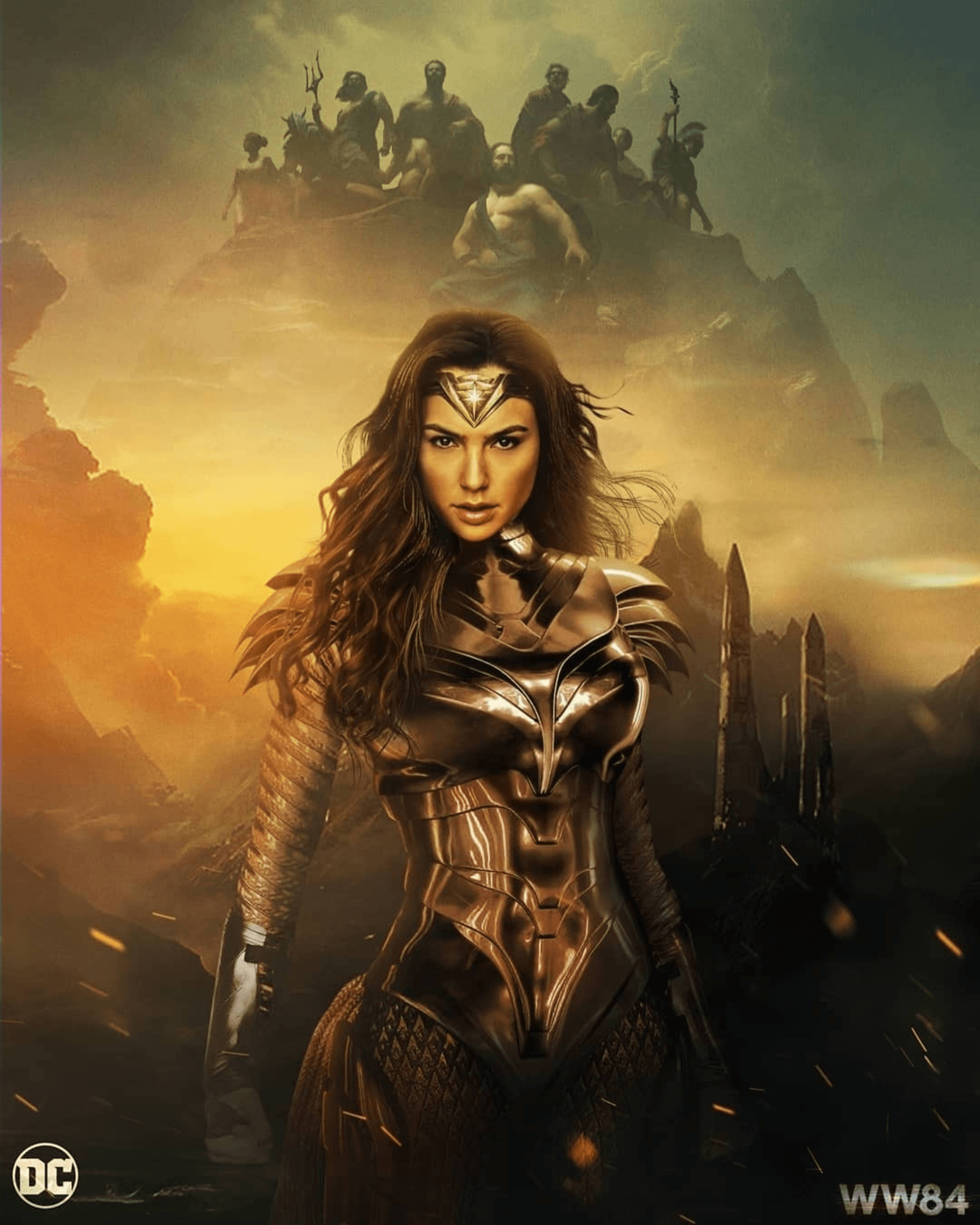 Wonder Woman 1984 桌布 壁紙 — 神力女超人穿著金色盔甲，在暴風雨的天空下挑釁地站立，眾神從遠處的山峰觀望。