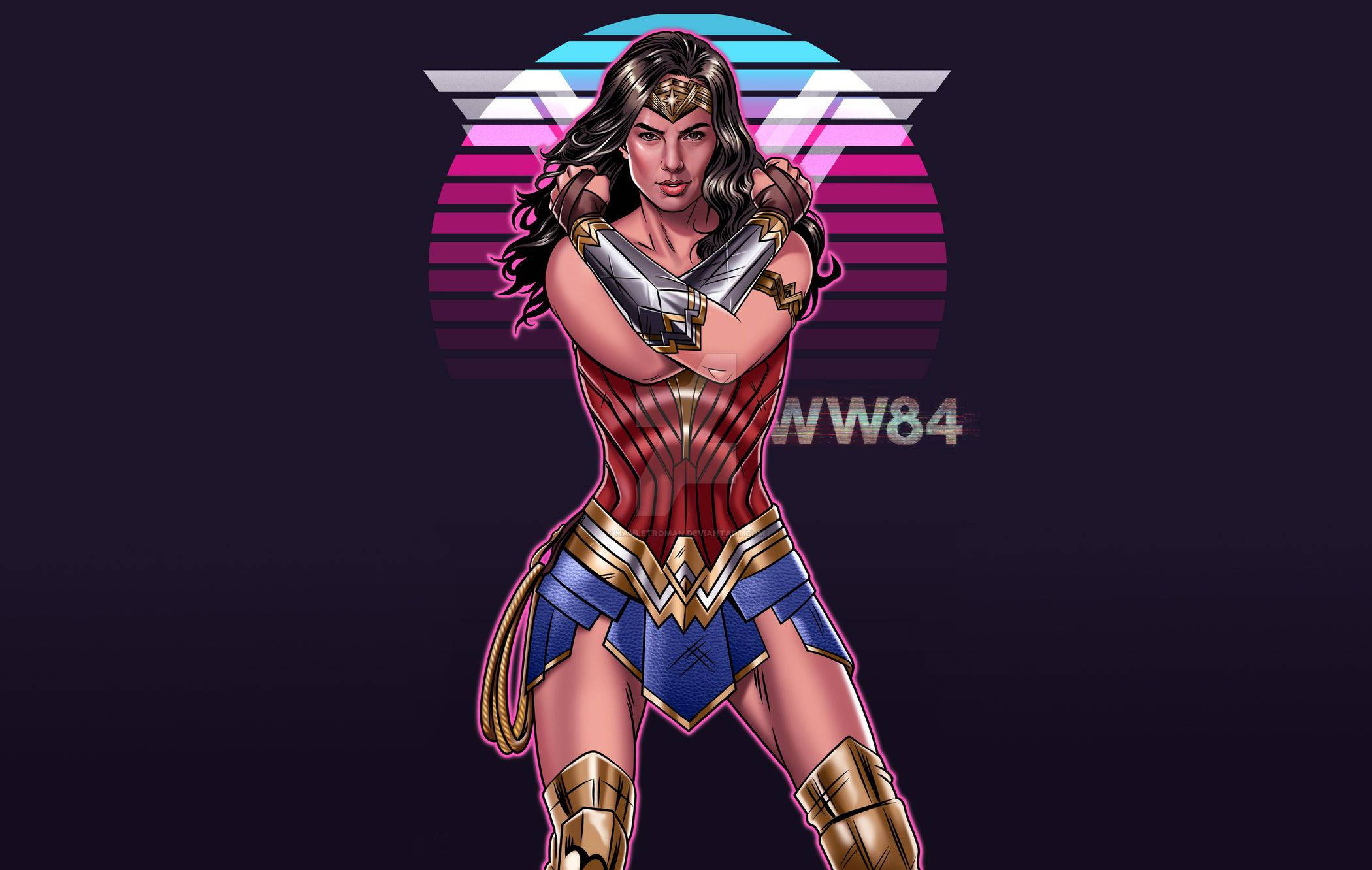 Wonder Woman 1984 桌布 壁紙 — 神力女超人自信地穿著她標誌性的紅藍金服裝，背景是充滿活力的復古日落漸層。