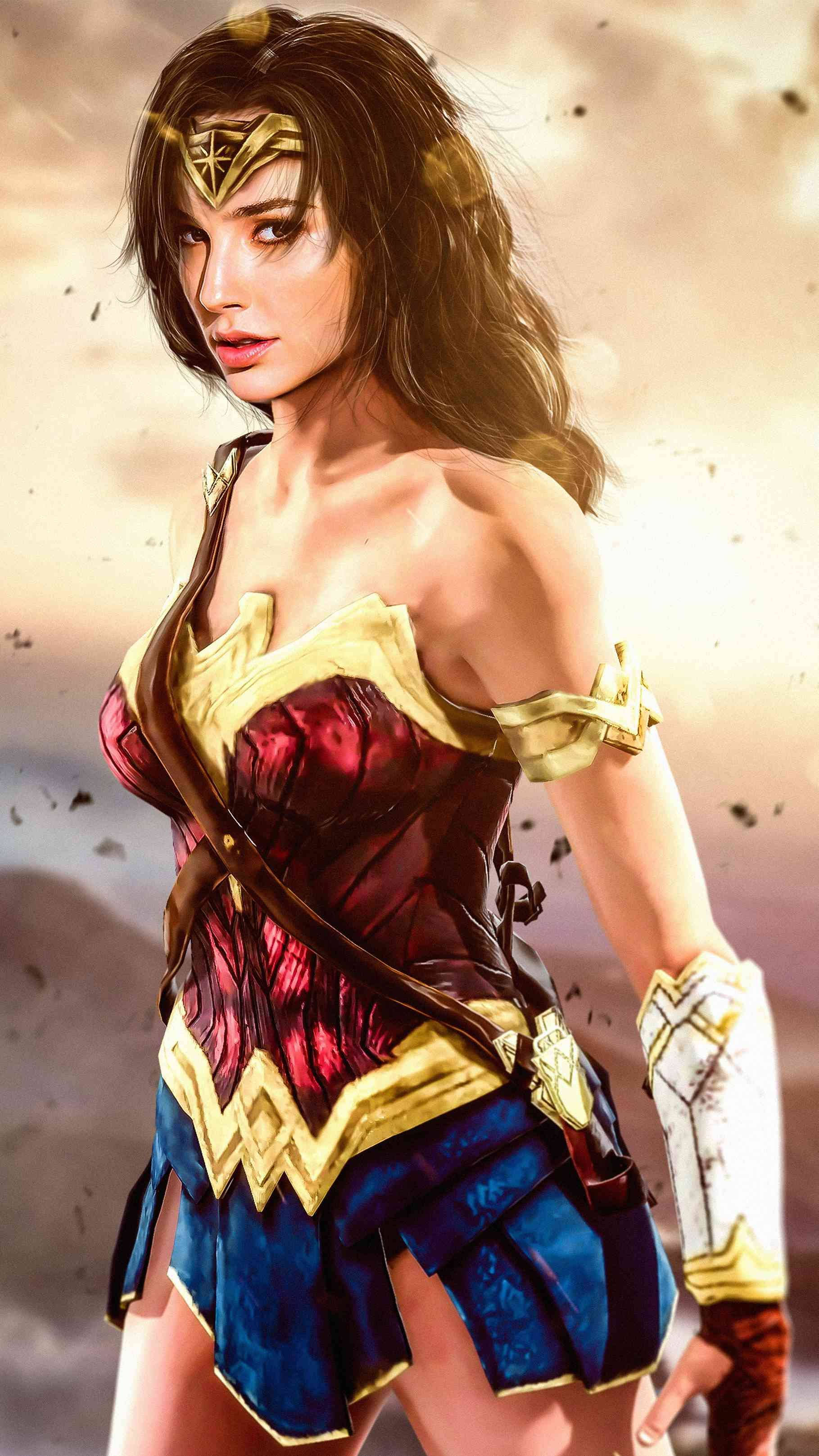 Wonder Woman 桌布 壁紙 — 神力女超人自信地穿著她標誌性的紅、藍、金色盔甲，背景是塵土飛揚的戰場。