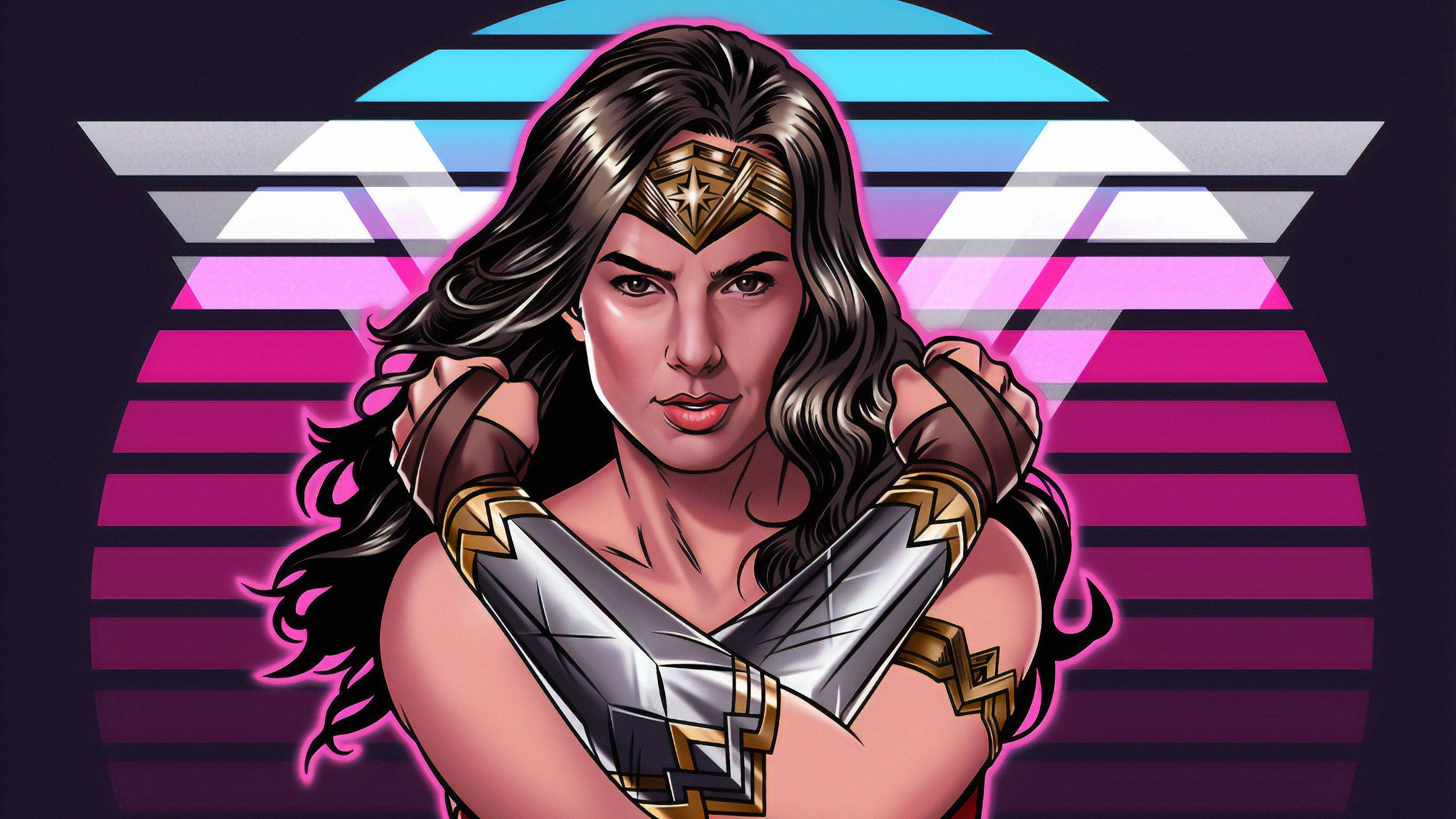 Wonder Woman 1984 桌布 壁紙 — 神力女超人自信地站在充滿活力的復古未來主義日落中，身後有鮮明的幾何條紋。