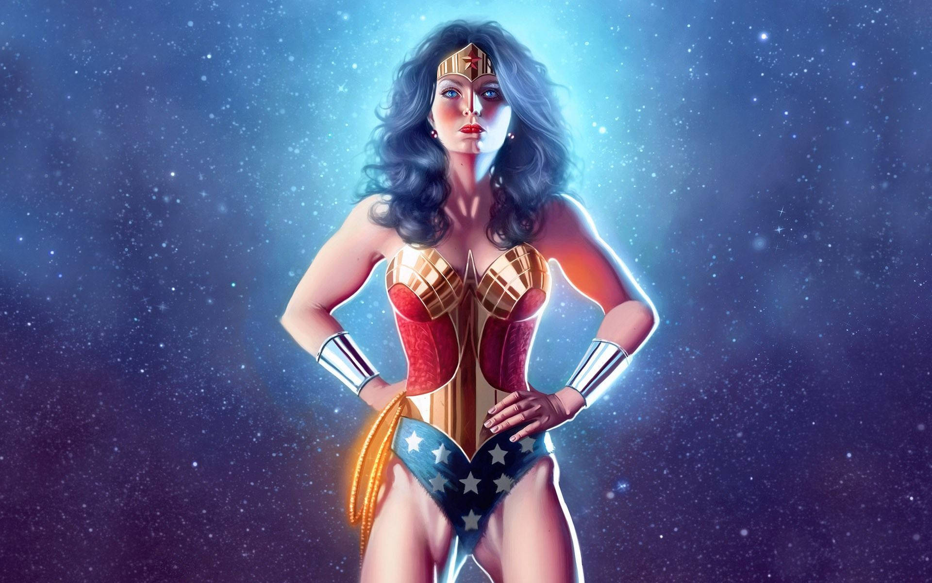 神力女超人 桌布 壁紙 — 神力女超人自信地站在星光燦爛的宇宙背景前，發光的藍色光芒照亮了她標誌性的紅、金、藍服裝。