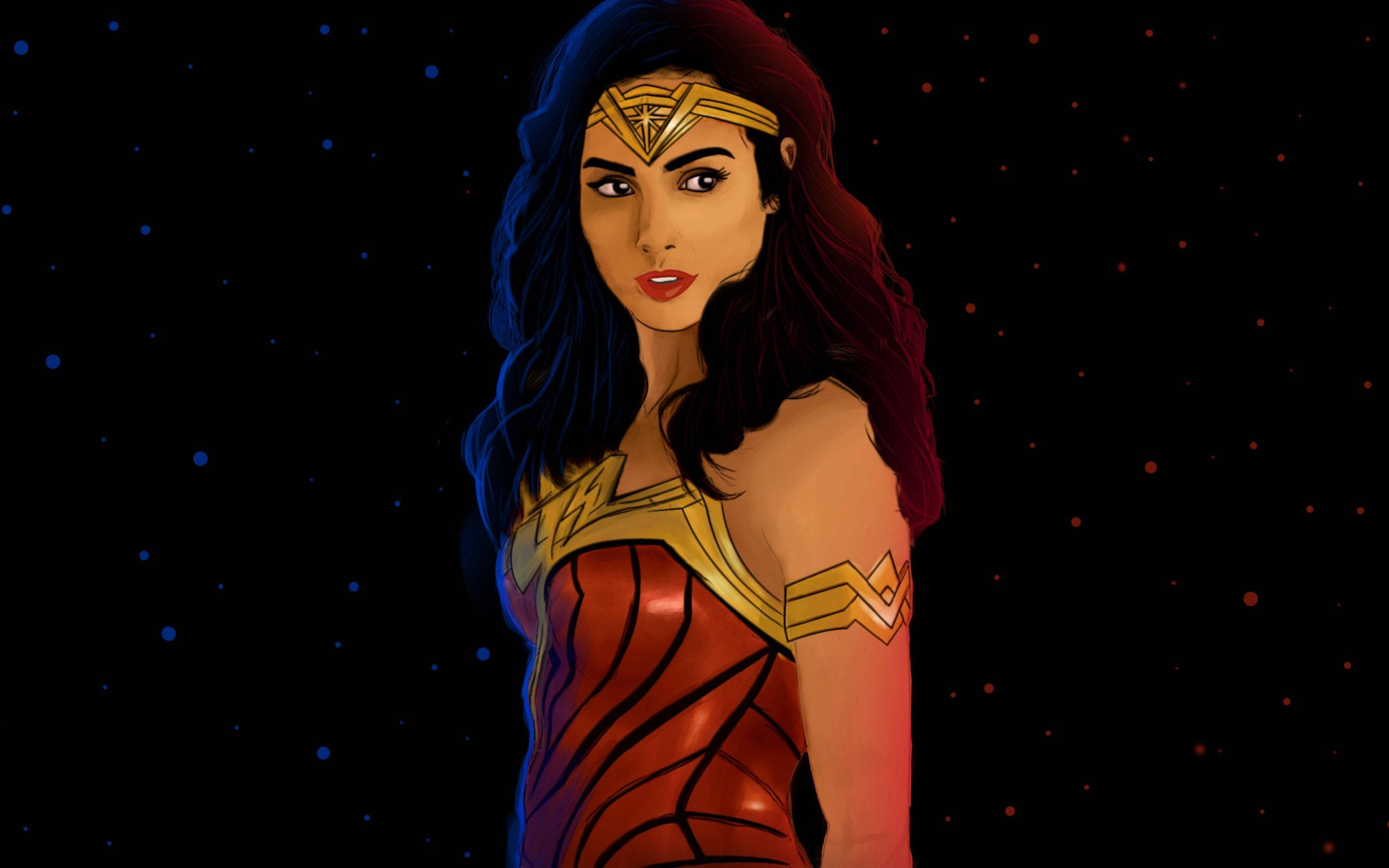 Wonder Woman 1984 桌布 壁紙 — 神力女超人自信地站在繁星點點的夜空下，她的服裝上有藍色和紅色的發光亮點。