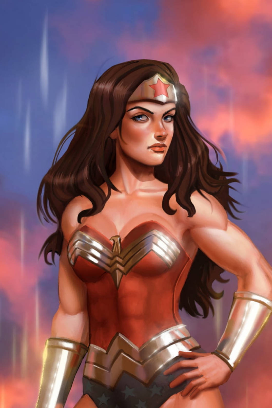 Wonder Woman 桌布 壁紙 — 神力女超人自信地站立，身穿標誌性的紅、金、藍色服裝，背景是帶有橙色和紫色條紋的戲劇性日落天空。