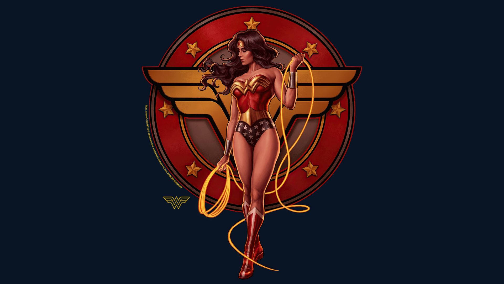 Wonder Woman 桌布 壁紙 — 神力女超人自信地站立，身穿標誌性的紅金藍服裝，手持真言套索，位於飾有星星的圓形徽章內。