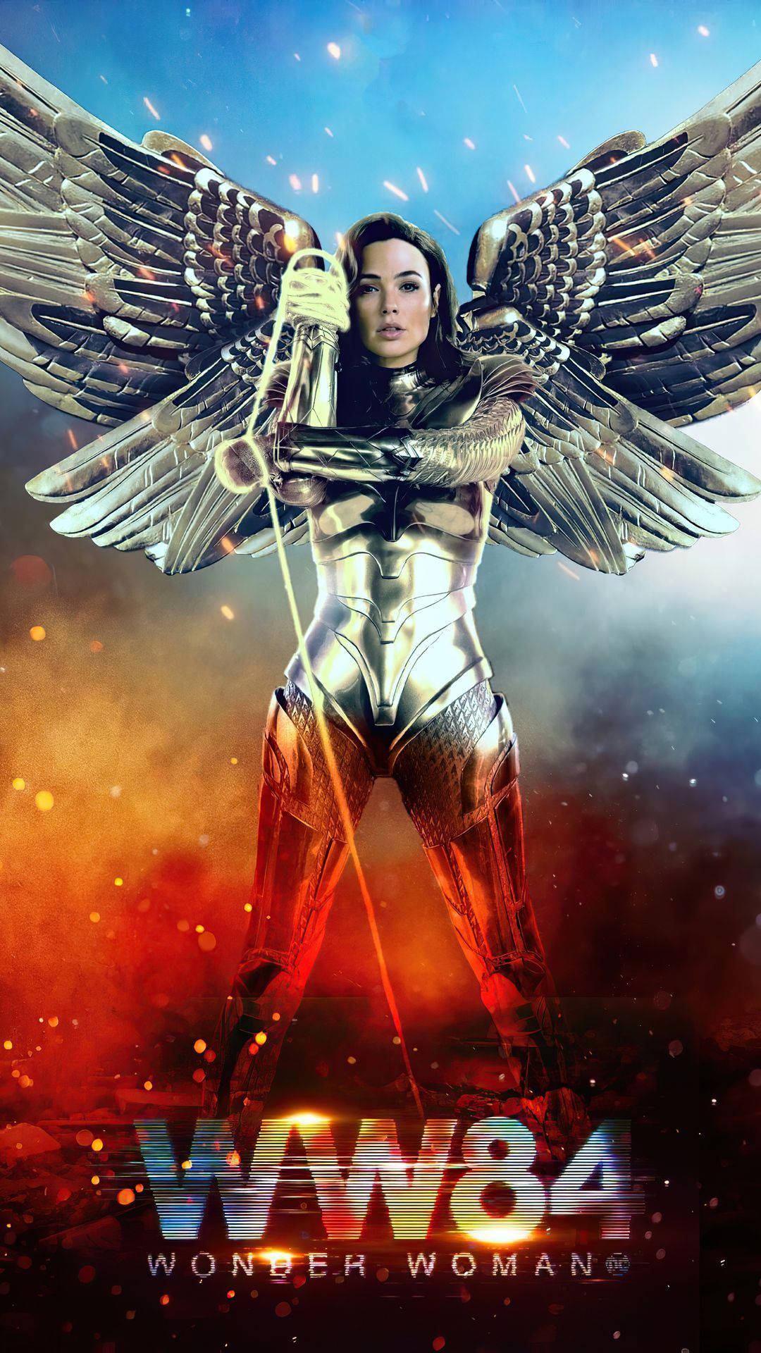 Wonder Woman 1984 桌布 壁紙 — 神力女超人英雄式站立，擁有金色翅膀和真理之索，背景是熾熱的宇宙。