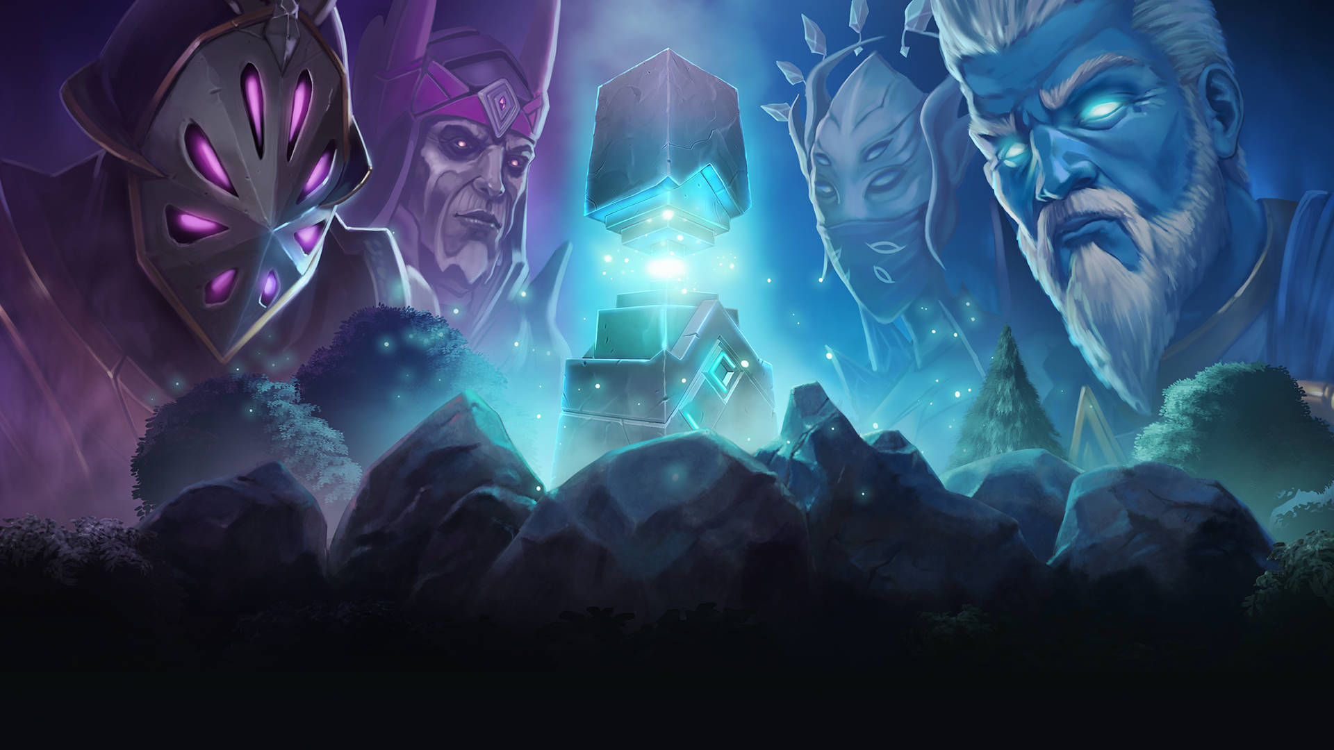Runescape 桌布 壁紙 — 神秘人物閃爍著發光的眼睛，環繞著一座在黑暗奇幻場景中、在崎嶇岩石上閃耀的藍色水晶塔。