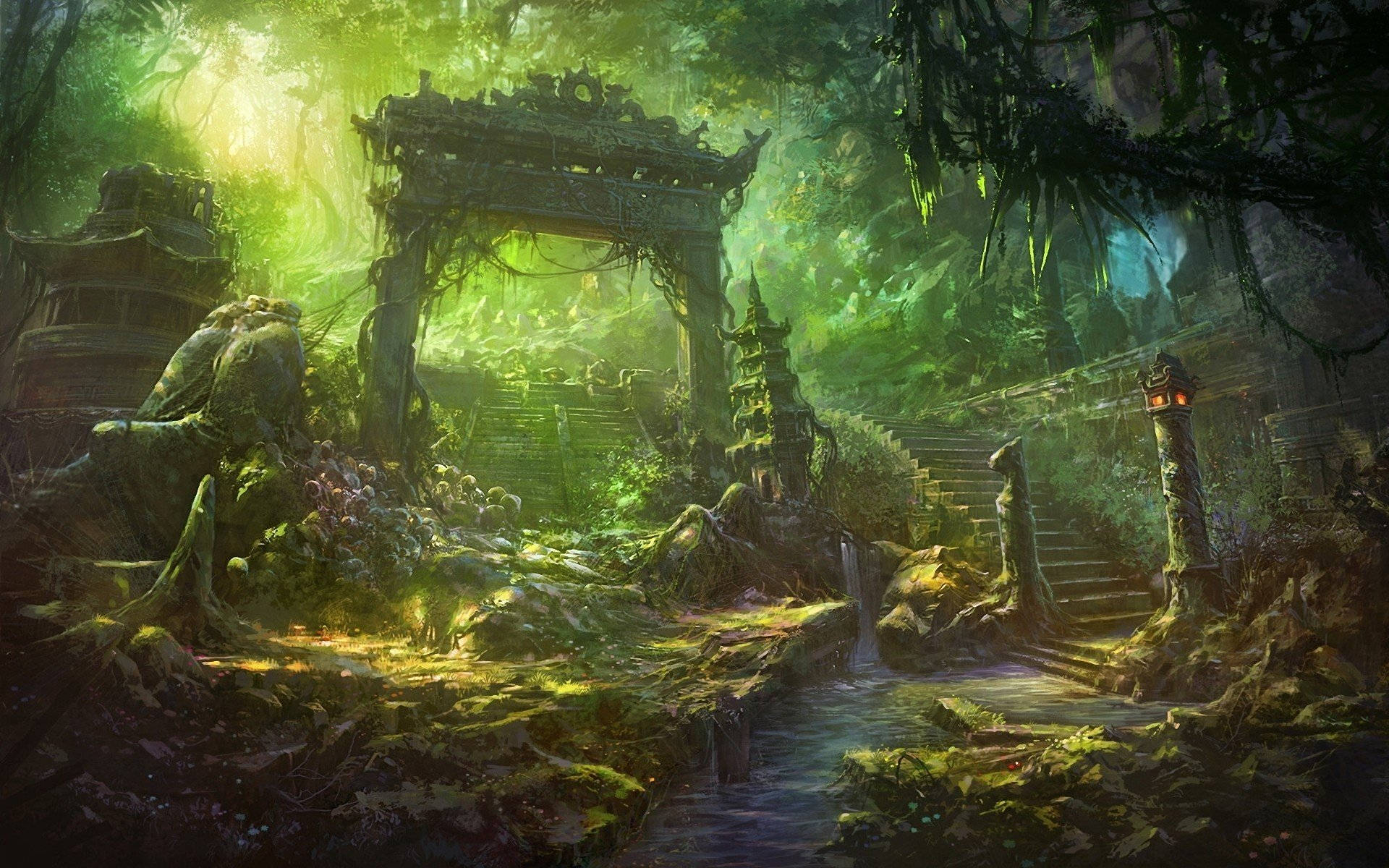 森林 桌布 壁紙 — 神秘叢林中，斑駁陽光下，古老石廟遺跡被茂密的綠色藤蔓和苔蘚覆蓋。