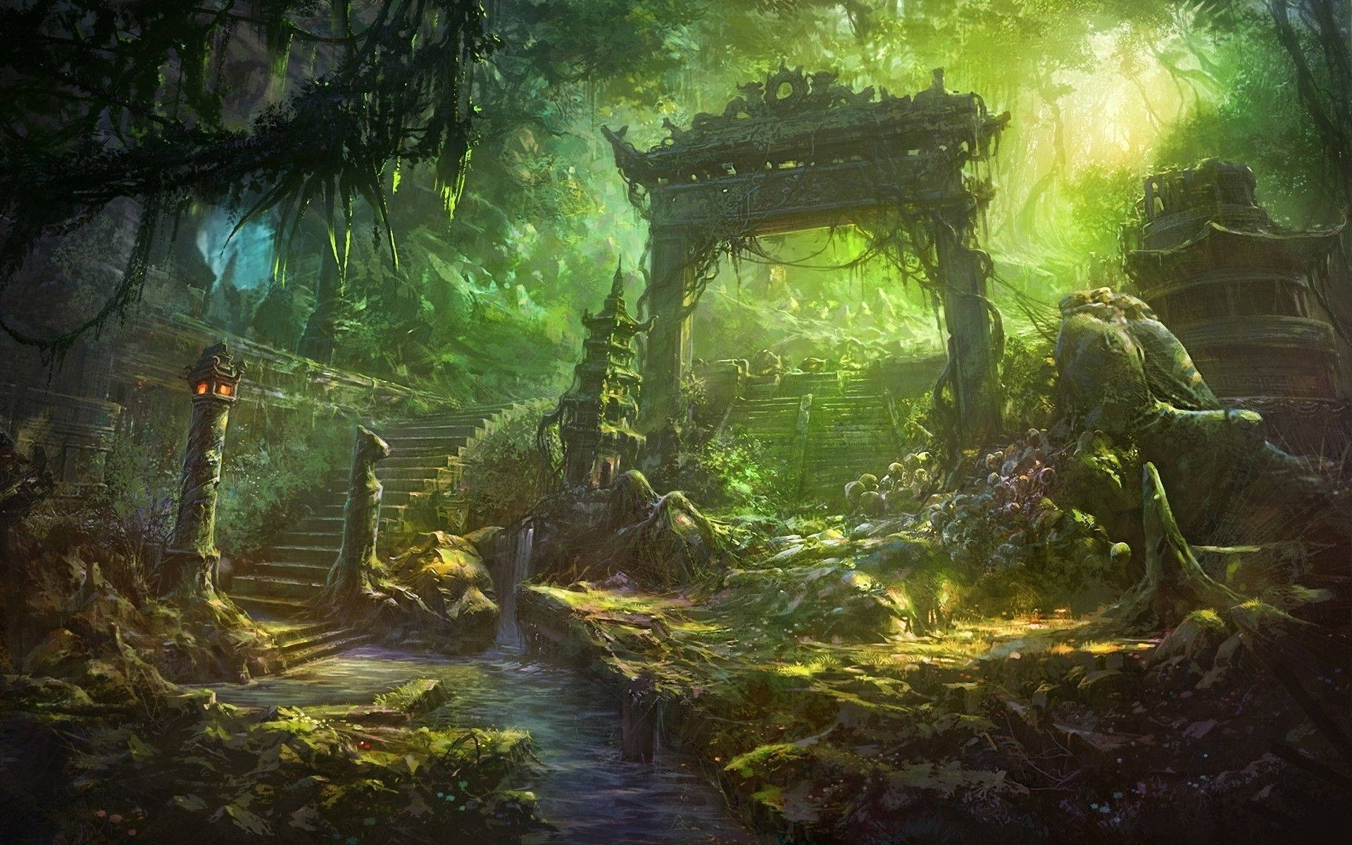 森林 桌布 壁紙 — 神秘叢林中，斑駁陽光下，長滿茂密綠植和苔蘚的古老石廟遺跡。