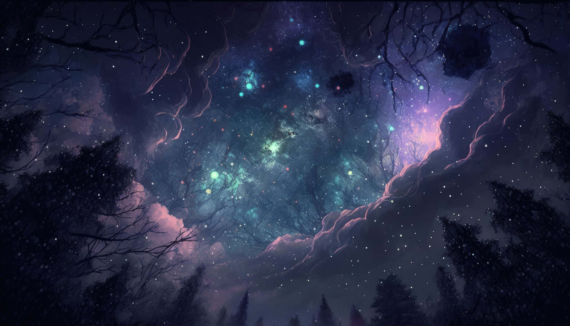 Starry Sky 桌布 壁紙 — 神秘夜空中的發光星雲和星星，穿過黑暗森林中光禿禿的樹枝窺視。