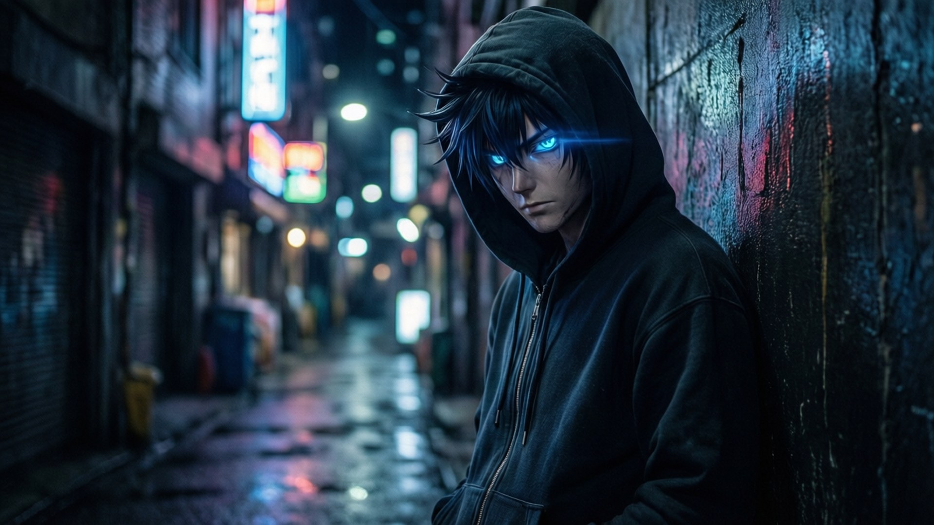 神秘小巷 壁紙 — 一個戴著兜帽的動漫角色，擁有發光的藍色眼睛，在夜晚的霓虹燈下靠著潮濕的小巷牆壁。