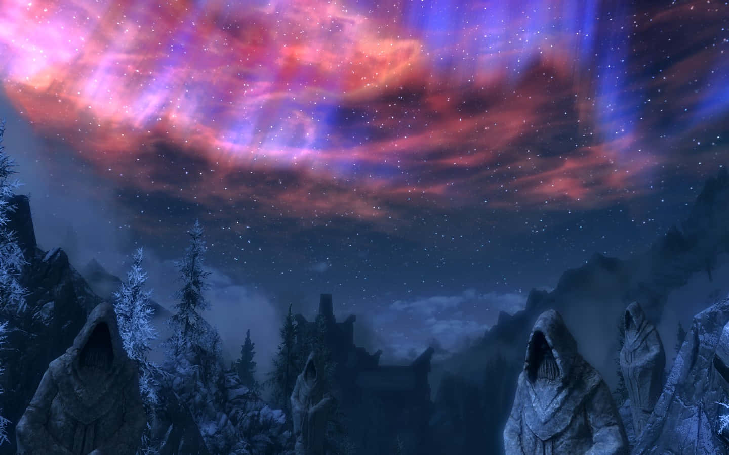 Sovngarde 桌布 壁紙 — 神秘戴兜帽的人物站在雪地森林中，上方是充滿星星和旋轉星雲的鮮豔宇宙天空。