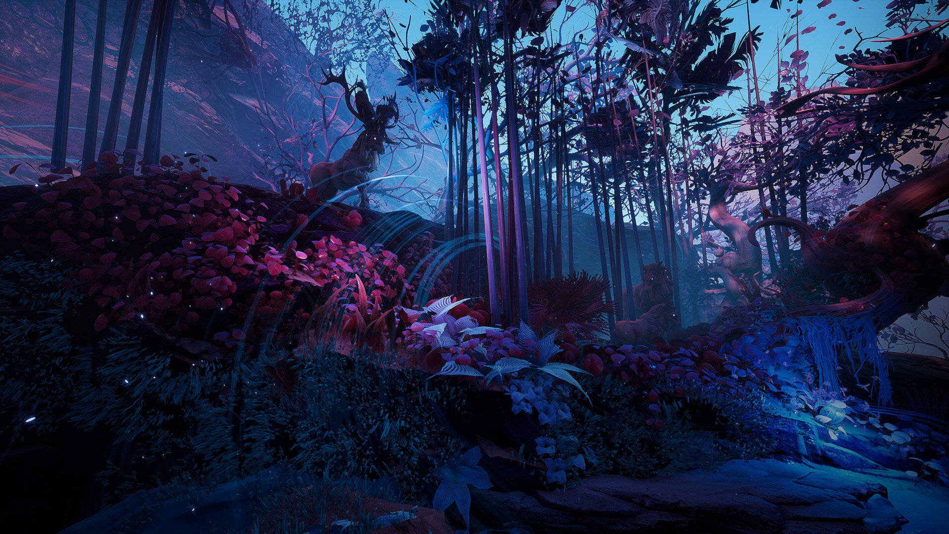 Mystical Forest 桌布 壁紙 — 神秘暮色森林，在星空下閃耀著紫色和藍色植物。