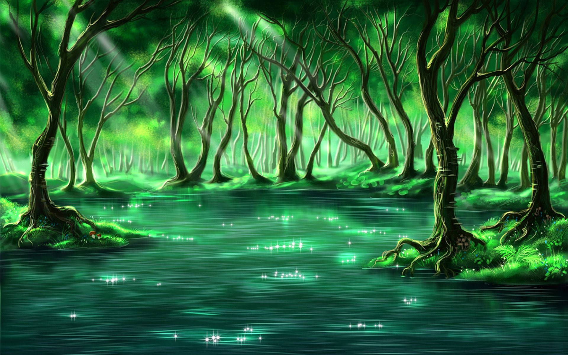 Mystical Forest 桌布 壁紙 — 神秘森林，發光的綠色樹木和閃爍的水面反射出空靈的光芒。