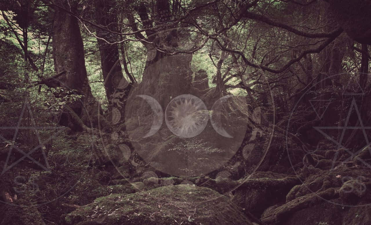 Witch Aesthetic 桌布 壁紙 — 神秘森林場景，古老的長滿苔蘚的樹木和發光的 occult 符號疊加在茂密的樹林上。