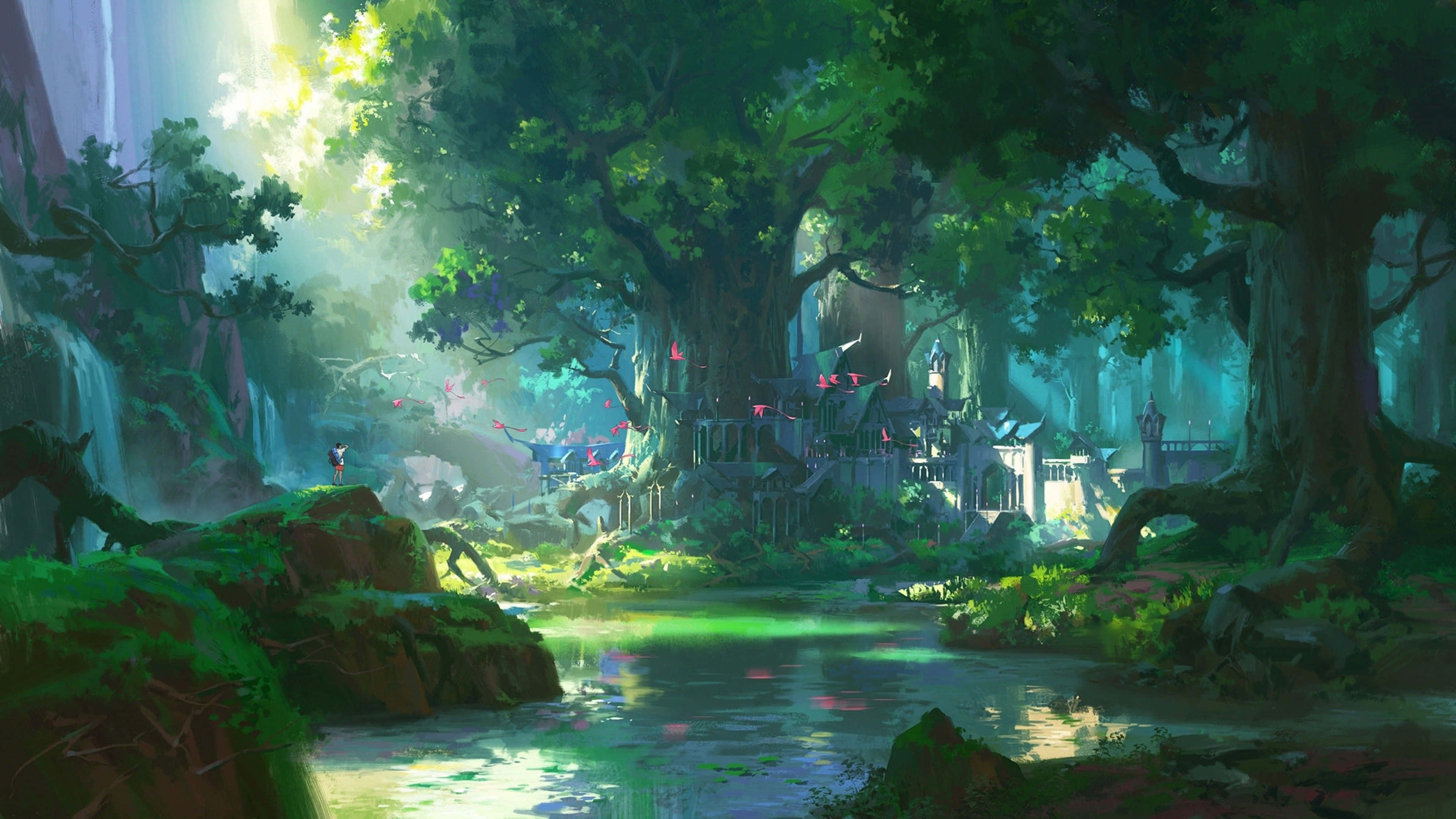 Green Anime 桌布 壁紙 — 神秘森林空地，古樹參天，溪流閃爍，瀑布層疊間隱藏著城堡。