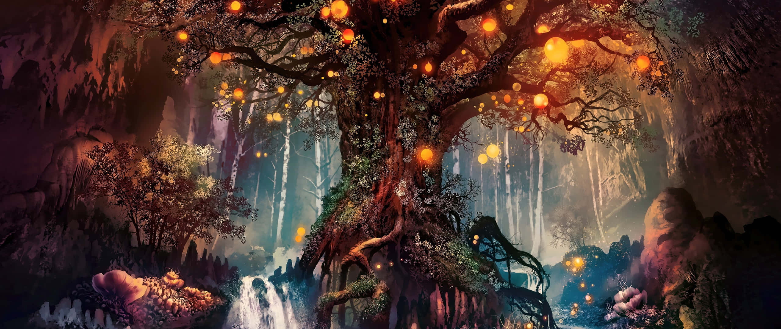 Art 2560x1080 桌布 壁紙 — 神秘洞穴中一棵雄偉的古樹，帶有發光球體，瀑布傾瀉而下，還有生物發光植物。