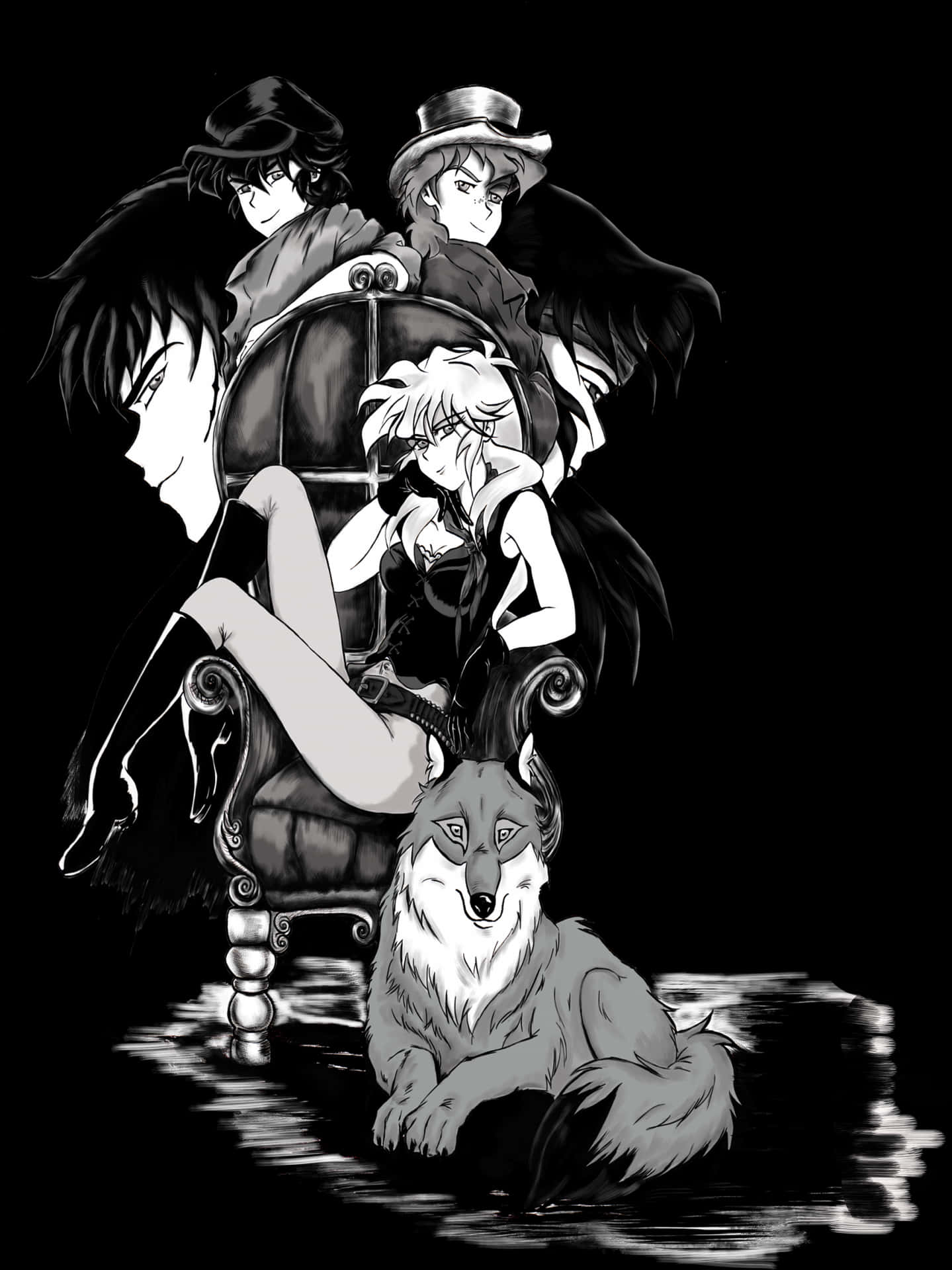 神秘漫畫組合與狼 — 日式藝術 壁紙