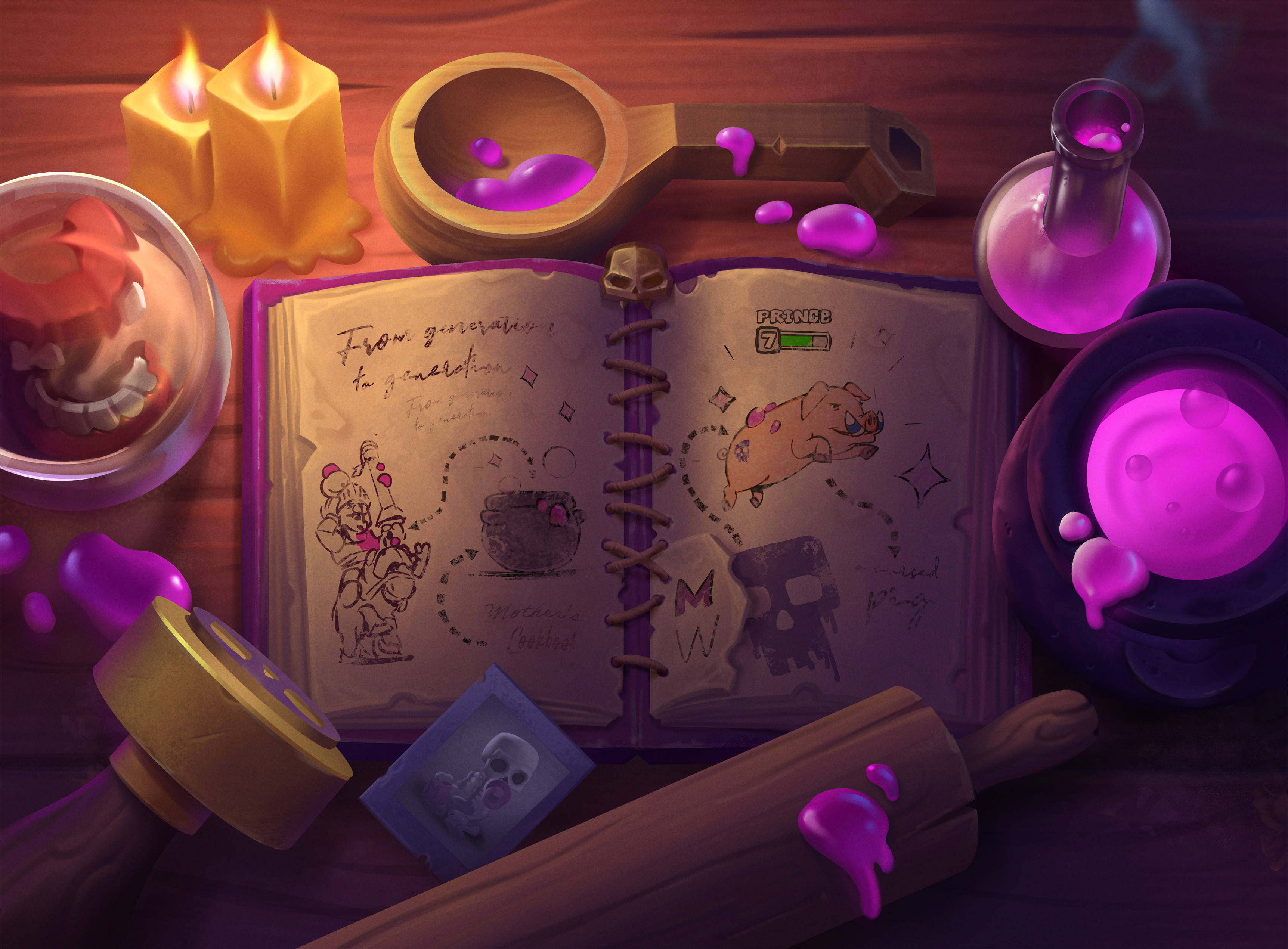 Clash Royale 桌布 壁紙 — 神秘煉金術師的工作空間，木桌上放著發光的紫色藥水、蠟燭和一本打開的魔法書。