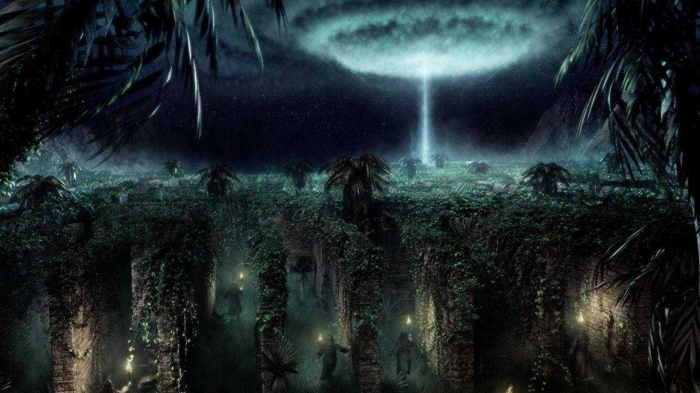 civilization 5 桌布 壁紙 — 神秘的古代遺跡被藤蔓覆蓋，在發光的外星天空下有一道光束降臨。