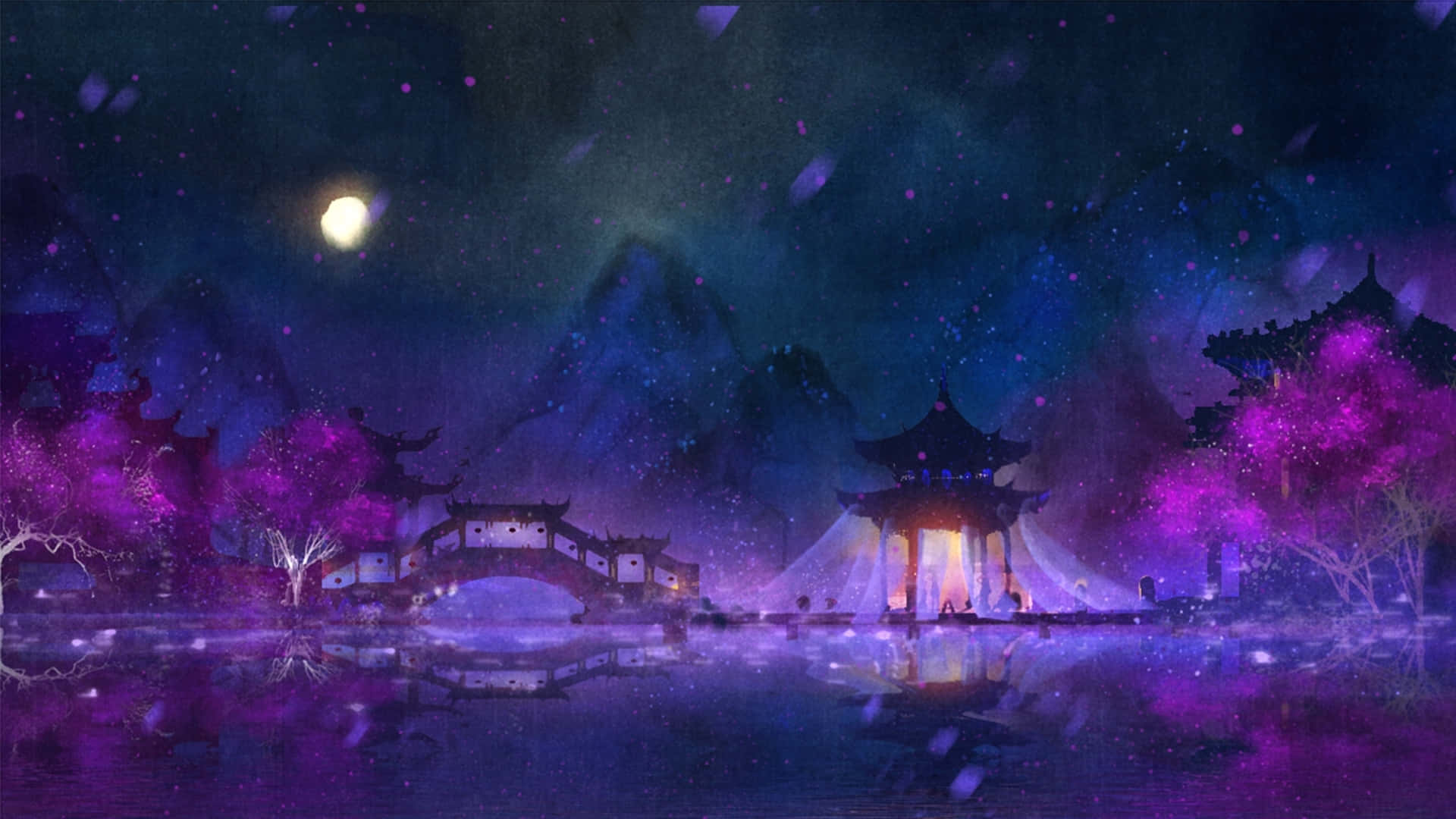 桌布 壁紙 — 神秘的夜景，發光的紫色樹木，傳統亭閣，月光下的橋樑倒映在平靜的水面上。