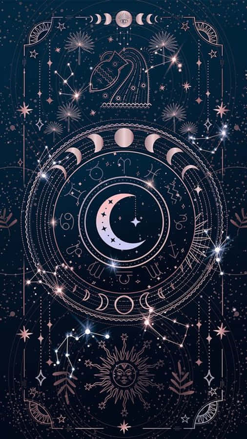 Witchy Phone 桌布 壁紙 — 神秘的天體圖，星座、月相和星群在深藍色背景上發光。