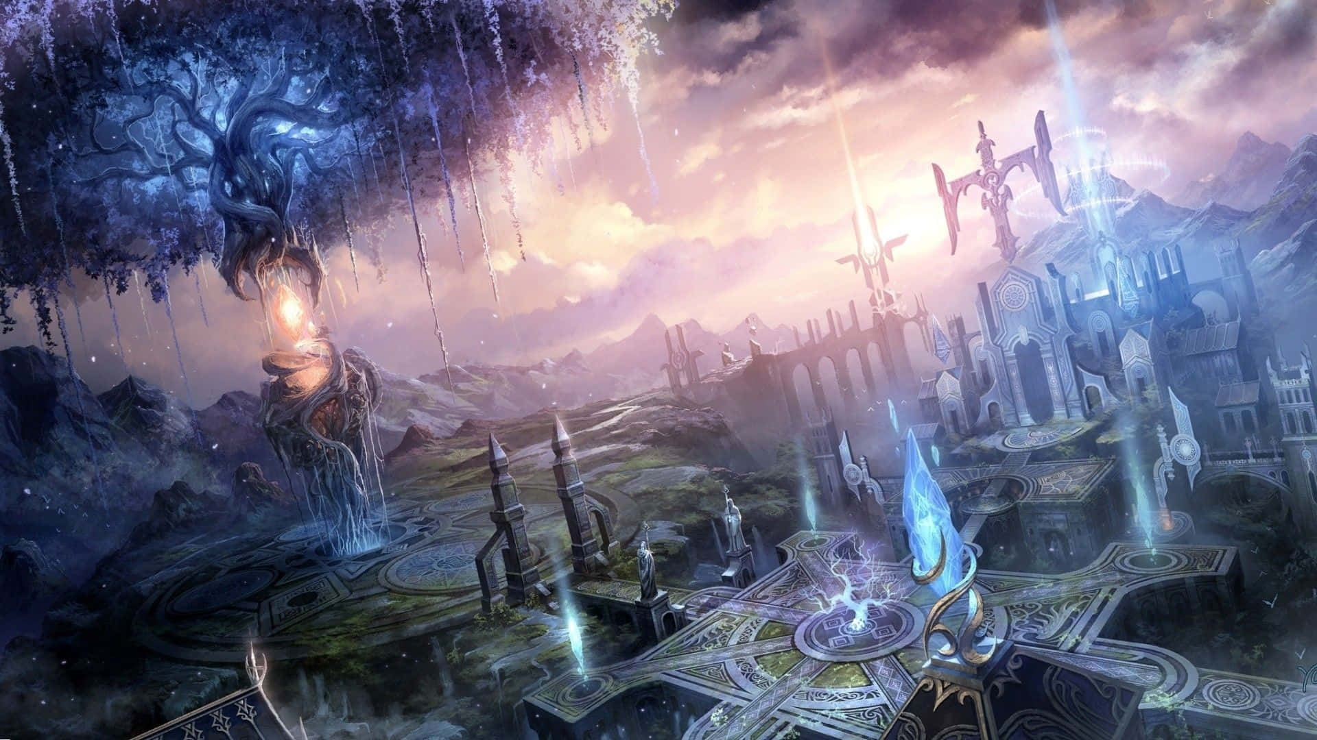 Fantasy Anime 桌布 壁紙 — 神秘的奇幻風景，帶有發光的藍色魔法、古代遺跡和暮色天空下的巨樹。
