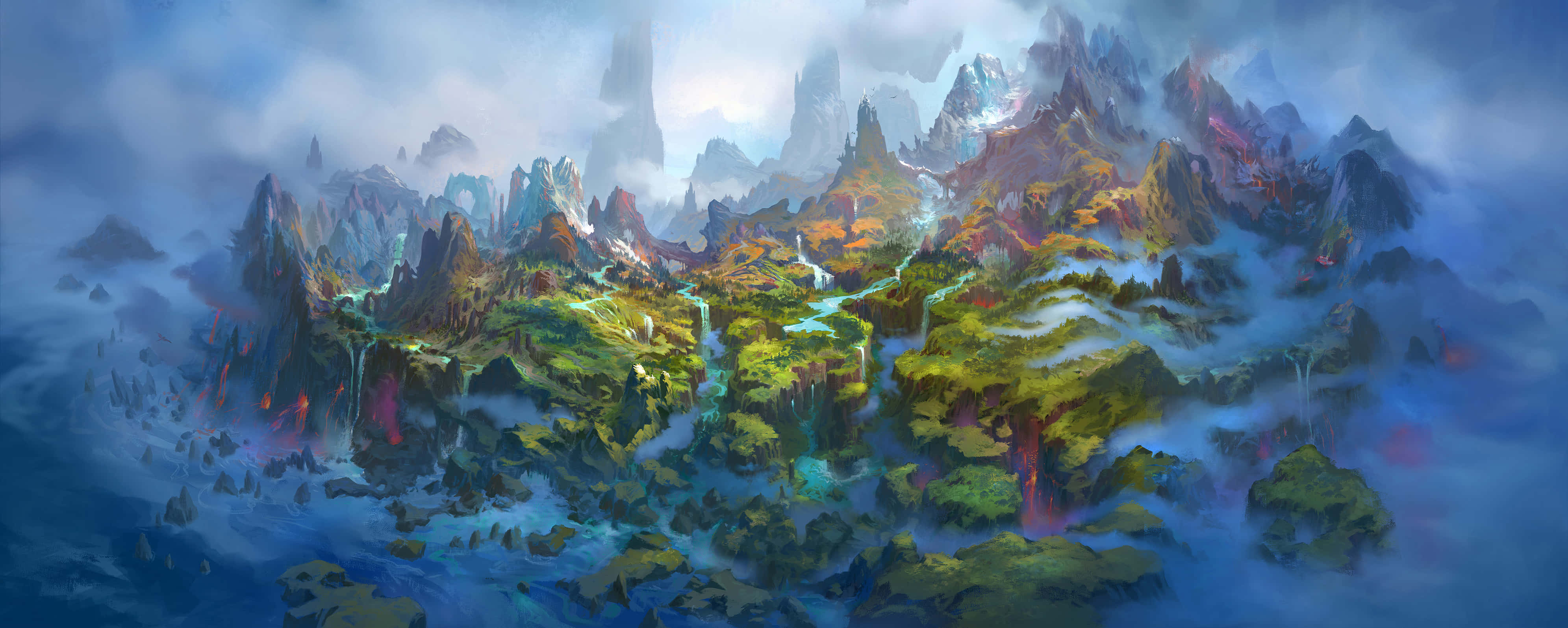 魔獸世界 桌布 壁紙 — 神秘的山脈從旋轉的雲層中浮現，翠綠的山谷和閃爍的瀑布在柔和的藍天下展現。
