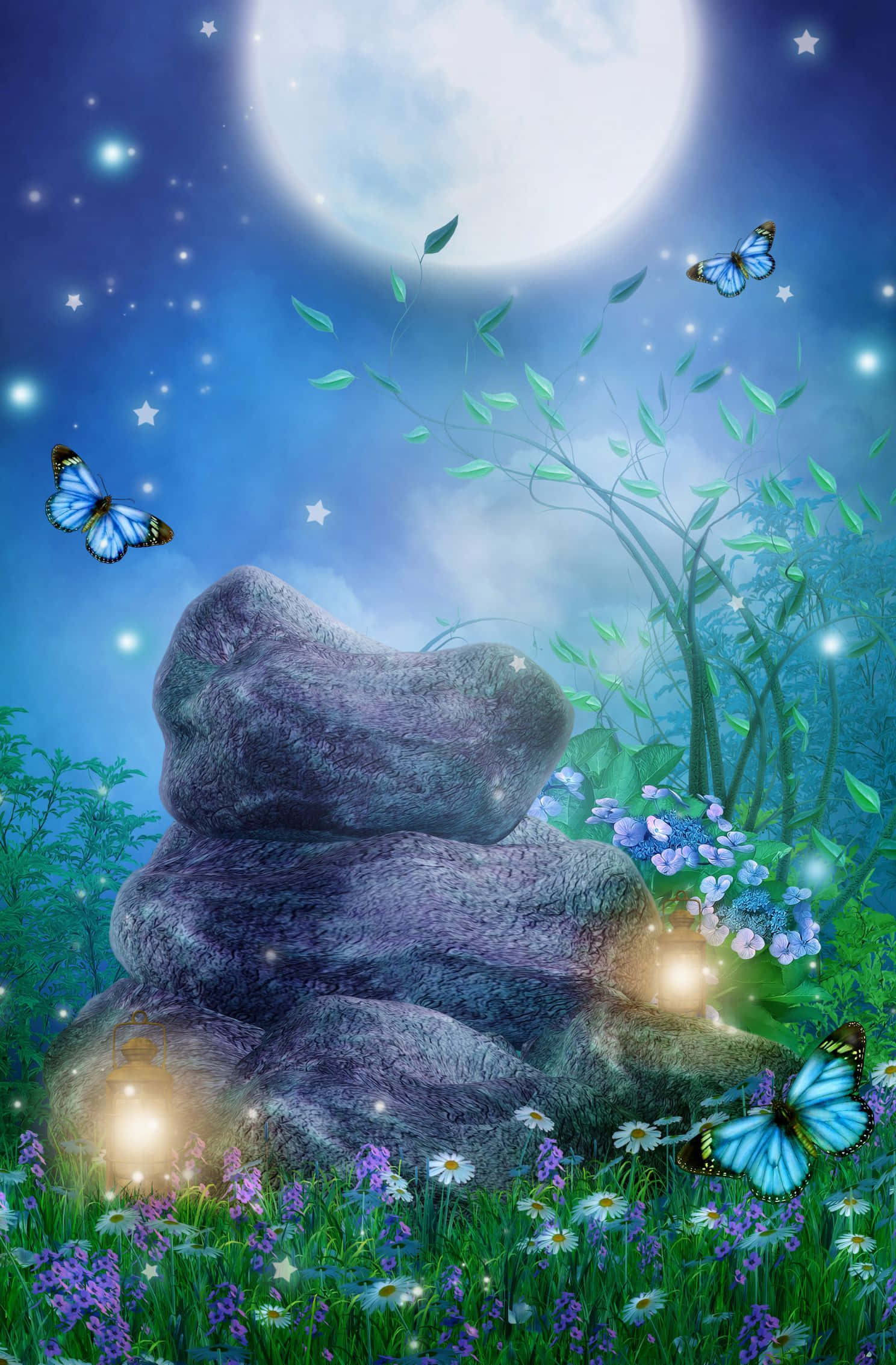 1488x2266 桌布 壁紙 — 神秘的月光森林場景，發光的蝴蝶在繁星點點的天空下圍繞著長滿青苔的石堆飛舞。