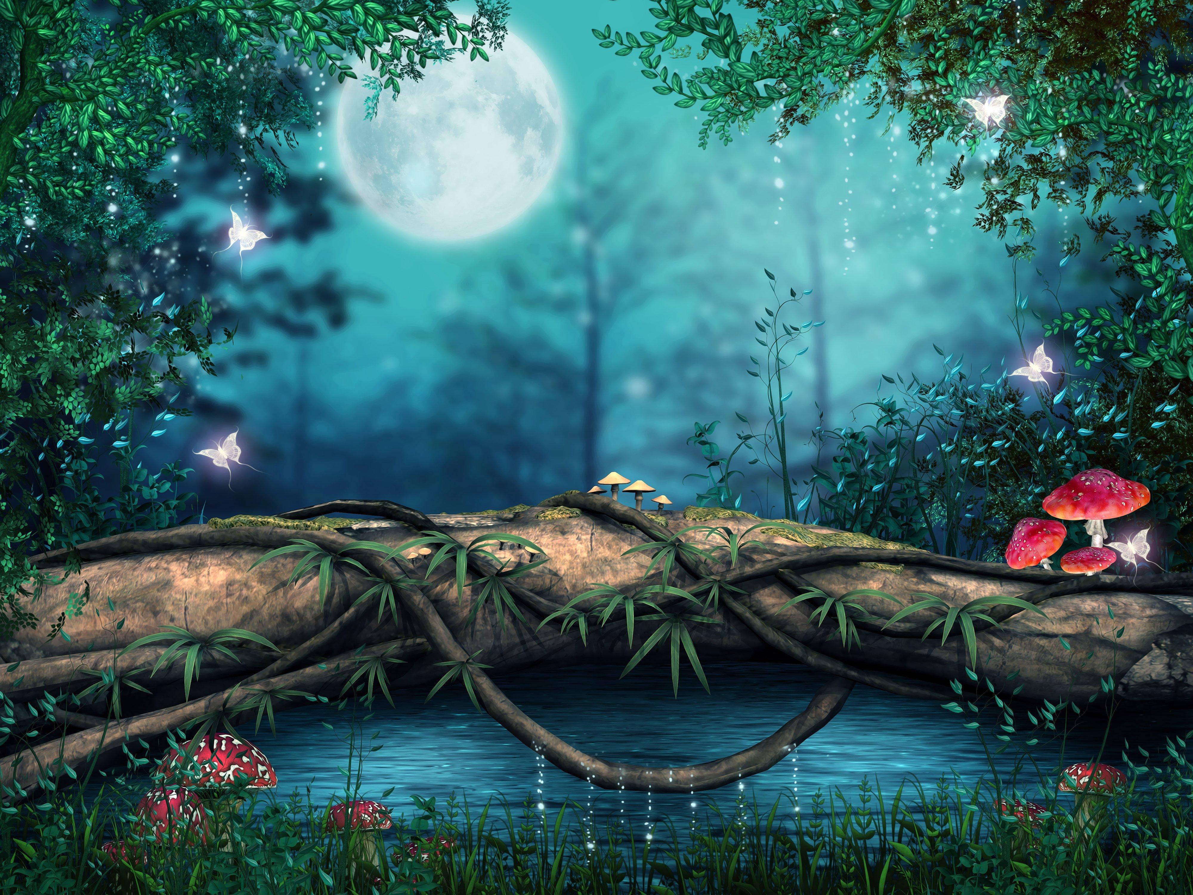 夜空 桌布 壁紙 — 神秘的月光森林場景，發光蘑菇和螢火蟲在橫跨寧靜溪流、長滿苔蘚的木頭上盤旋。