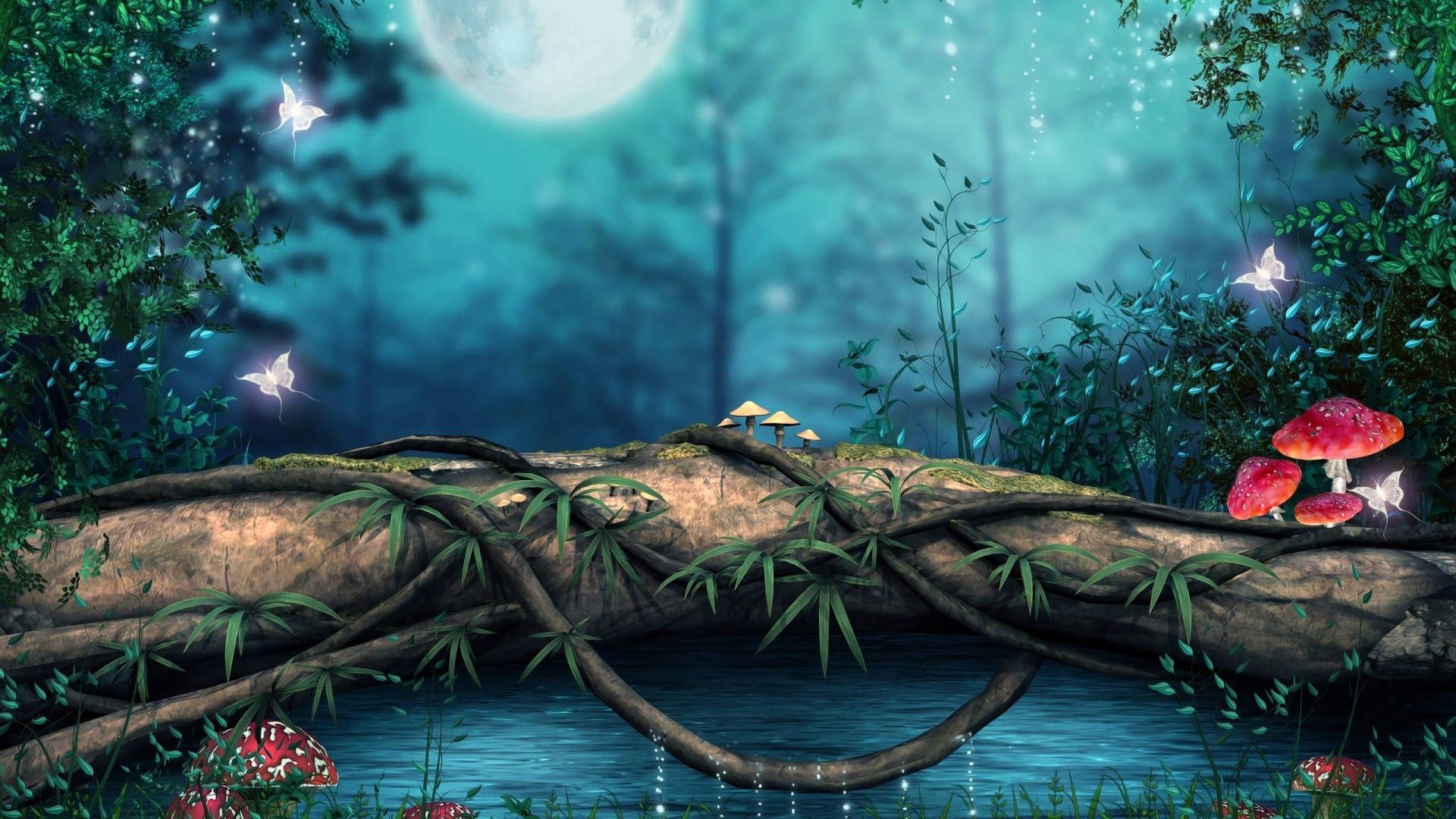Pixel Nature 桌布 壁紙 — 神秘的月光森林場景，發光蘑菇和螢火蟲在水面上長滿苔蘚的倒下的圓木周圍跳舞。