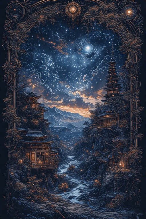 Gothic Inspired Tibet Night Scene Wallpaper 4K 壁紙 — 神秘的黃昏場景，山谷中有發光的寶塔，星空下由華麗的藤蔓框住。