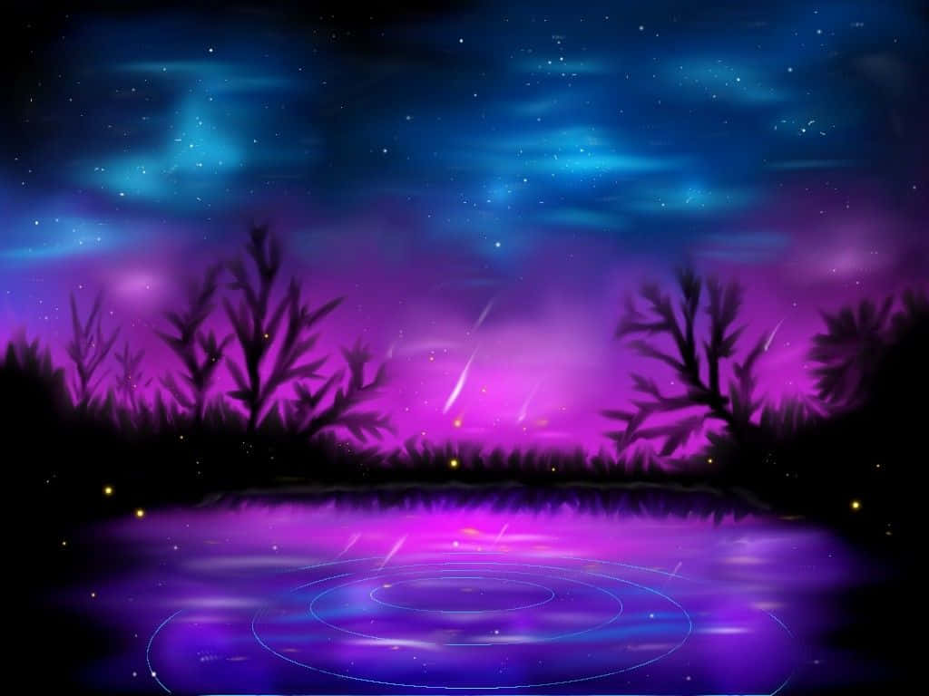 桌布 壁紙 — 神秘的黃昏場景，發光的紫色水面映照著星空和剪影樹木。