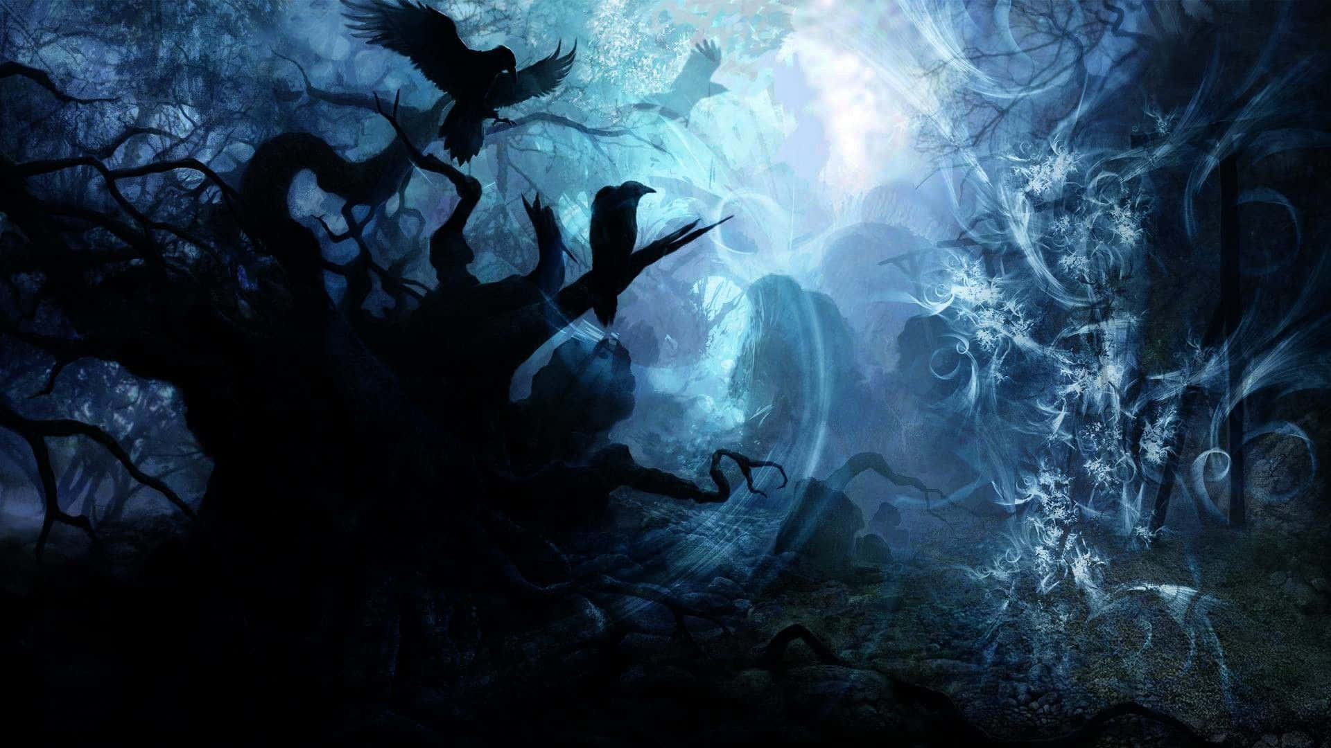 Illustration 桌布 壁紙 — 神秘的黑暗森林，烏鴉剪影棲息在扭曲的樹木上，籠罩在詭異的藍色發光薄霧中。