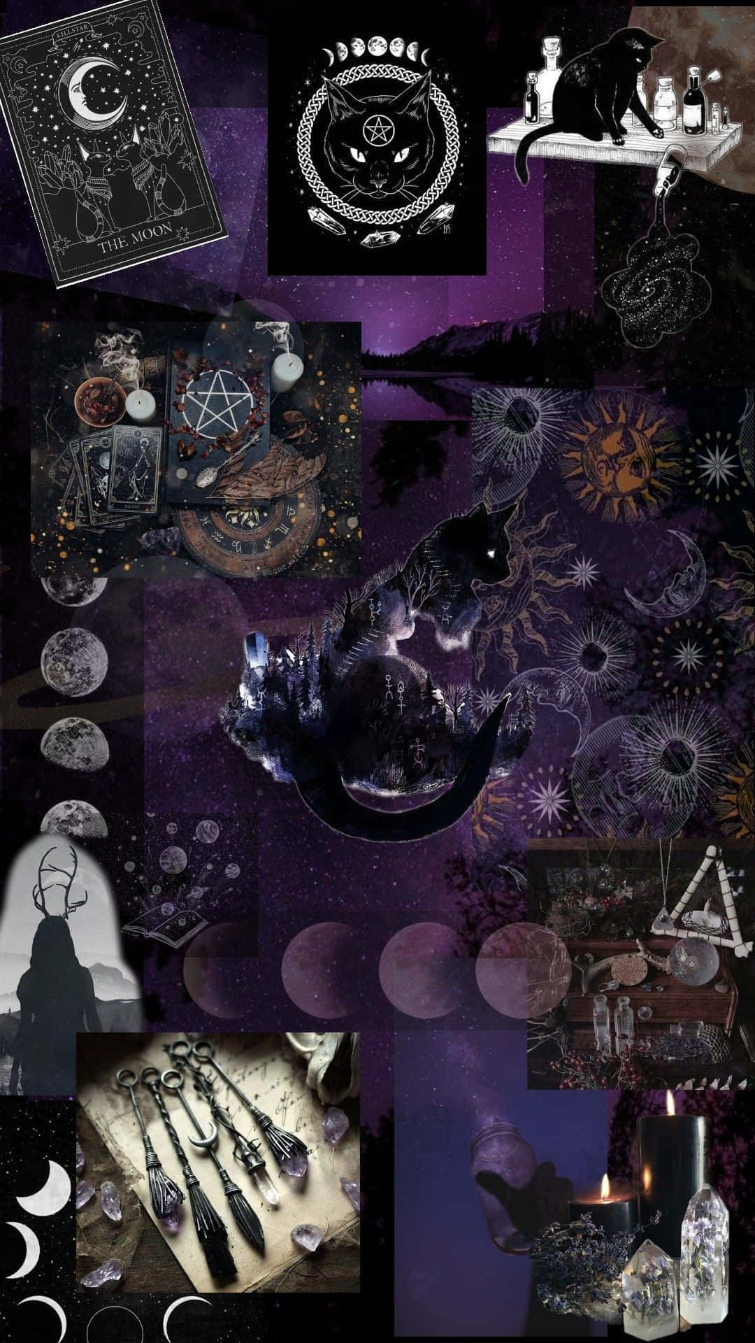 Witch Aesthetic 桌布 壁紙 — 神秘紫色拼貼畫，以黑貓、塔羅牌、水晶和月相為特色，呈現女巫美學。