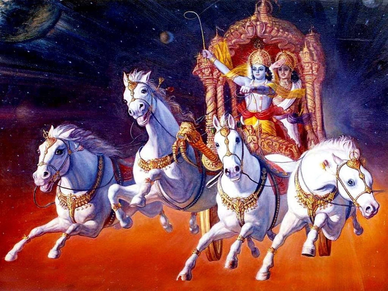 Krishna Arjun 桌布 壁紙 — 神聖人物乘坐由四匹白馬拉動的戰車，穿越佈滿星辰和行星的宇宙天空。