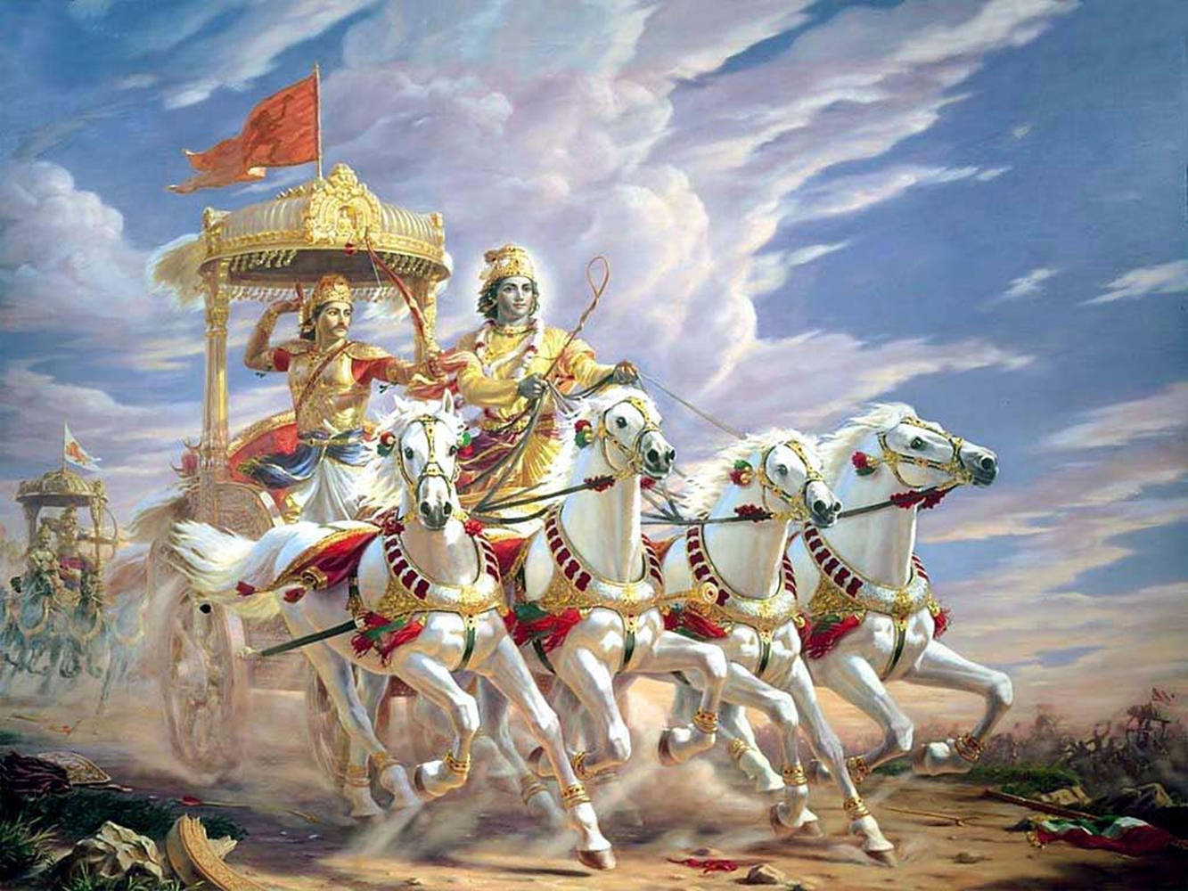 krishna god 桌布 壁紙 — 神聖人物乘坐由四匹白馬拉動的金色戰車，在陰雲密布的天空下穿越戰場。
