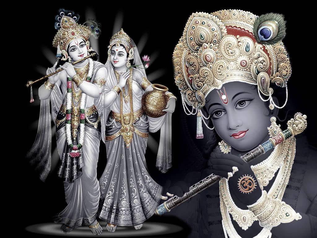 krishna 3d 桌布 壁紙 — 神聖人物佩戴精緻金飾，身穿飄逸白衣，在黑暗而光芒四射的背景中吹奏長笛。