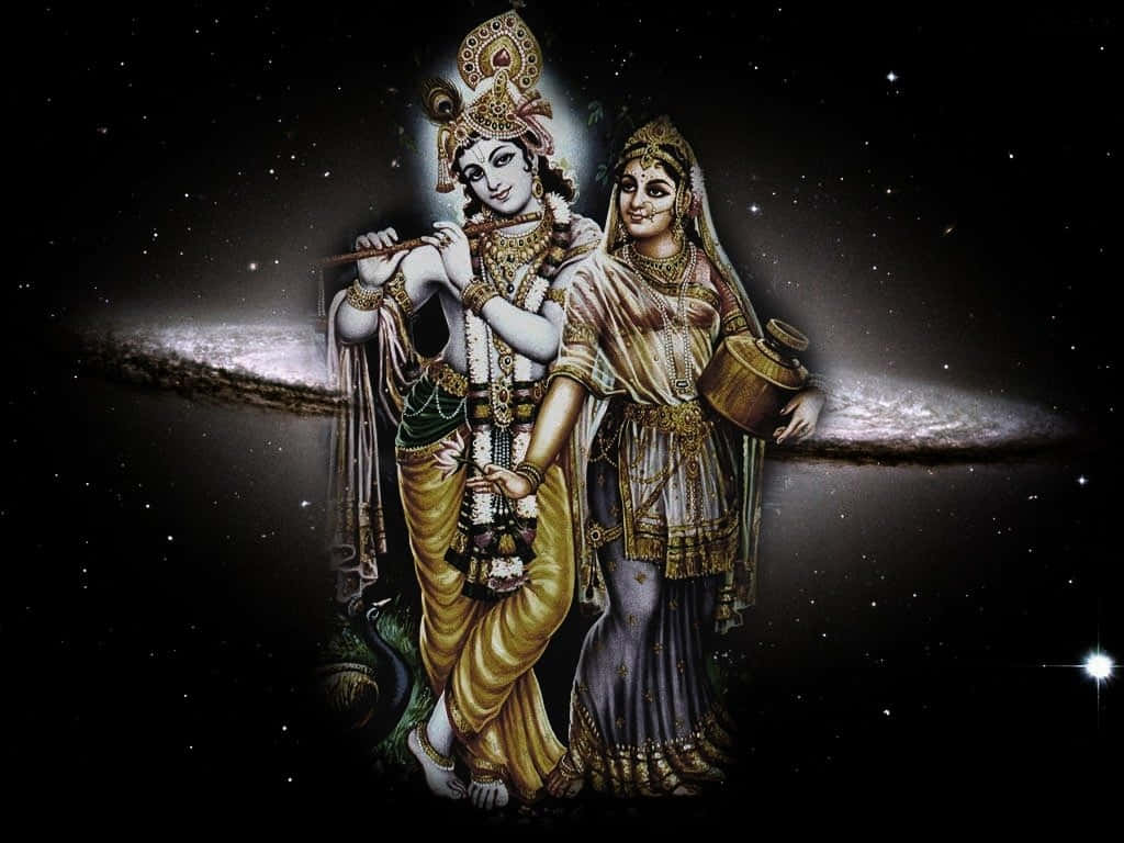 外太空 桌布 壁紙 — 神聖人物克里希納和拉妲一起站在星空宇宙背景前，身後有發光的銀河弧。