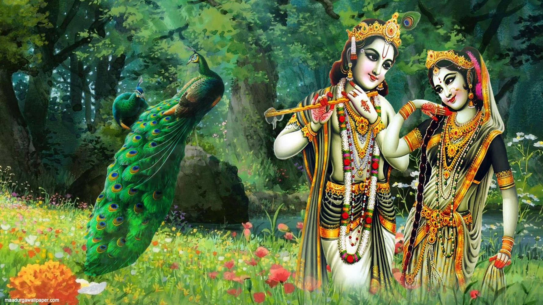 radha krishna HD 桌布 壁紙 — 神聖人物克里希納和拉妲在充滿活力的花林中與孔雀一起吹笛跳舞。