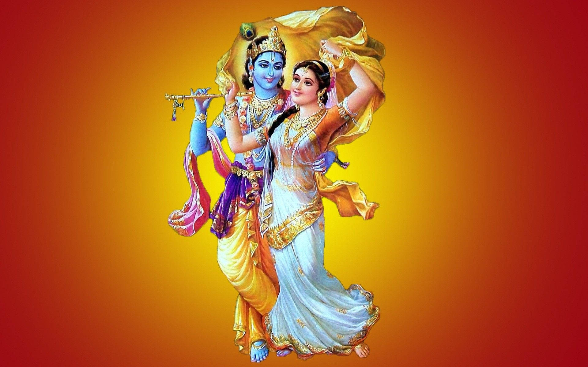 Hindu God 桌布 壁紙 — 神聖人物克里希納和拉妲在耀眼的橙色和紅色漸變背景前，穿著飄逸的服裝跳舞。