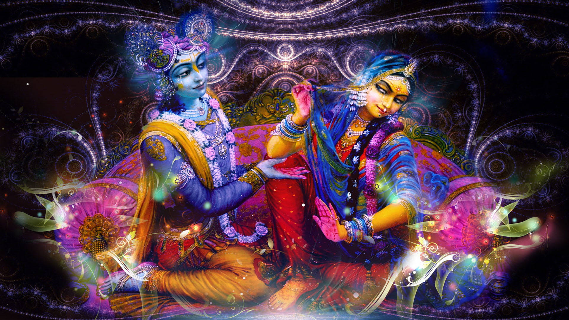 krishna 3d 桌布 壁紙 — 神聖人物克里希納和拉妲坐在宇宙漩渦中，散發著閃爍色彩和複雜圖案，散發著靈性之愛和天國之美。