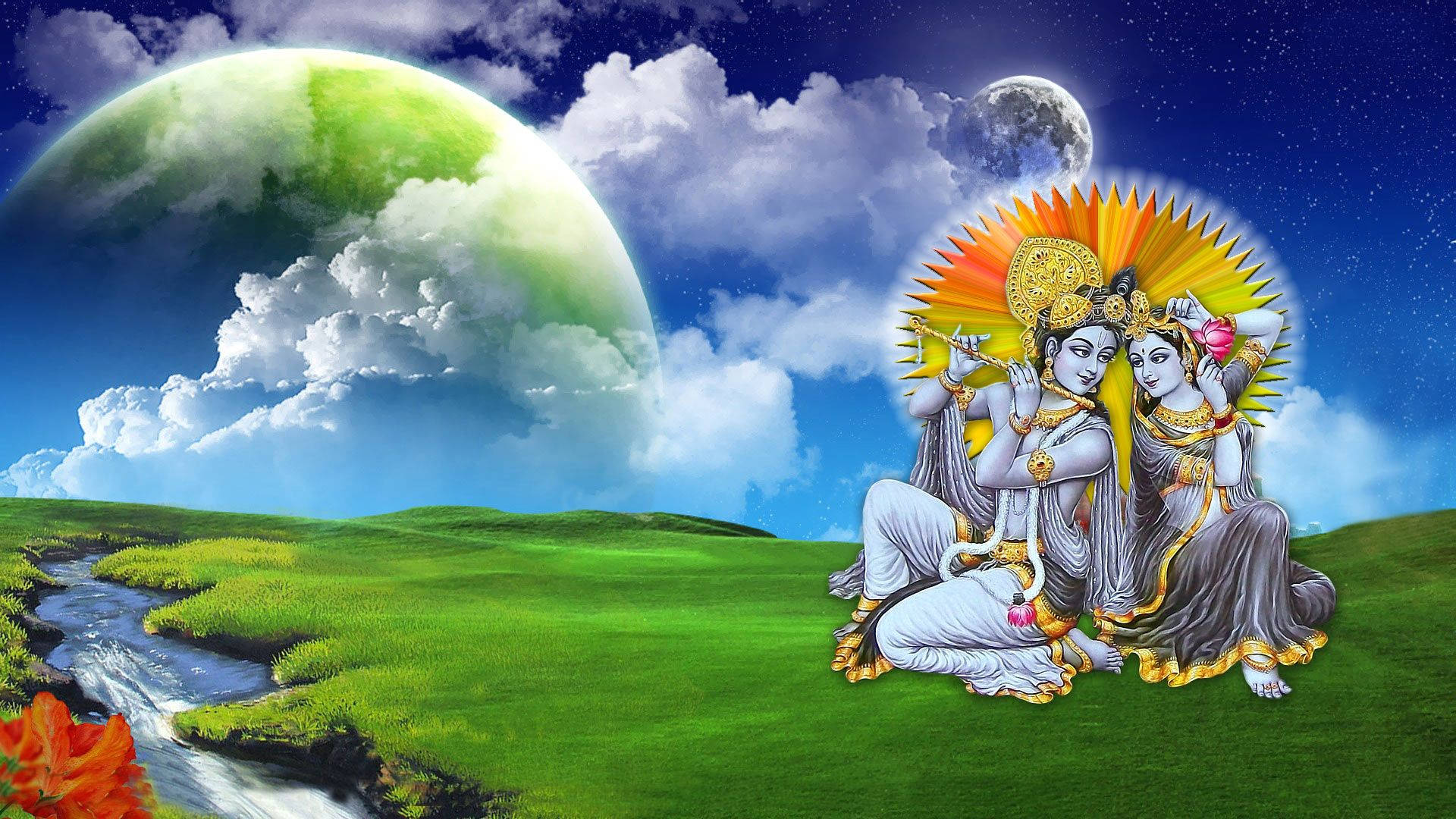 krishna iPhone 桌布 壁紙 — 神聖人物克里希納和拉妲坐在茂密的綠色山丘上，天空充滿活力，有發光的綠色行星和新月。