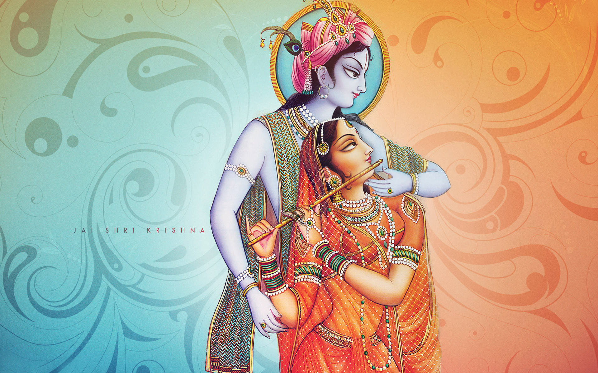 Hindu God 桌布 壁紙 — 神聖人物克里希納和拉妲身著華麗傳統服飾，在漩渦漸變背景前擁抱。