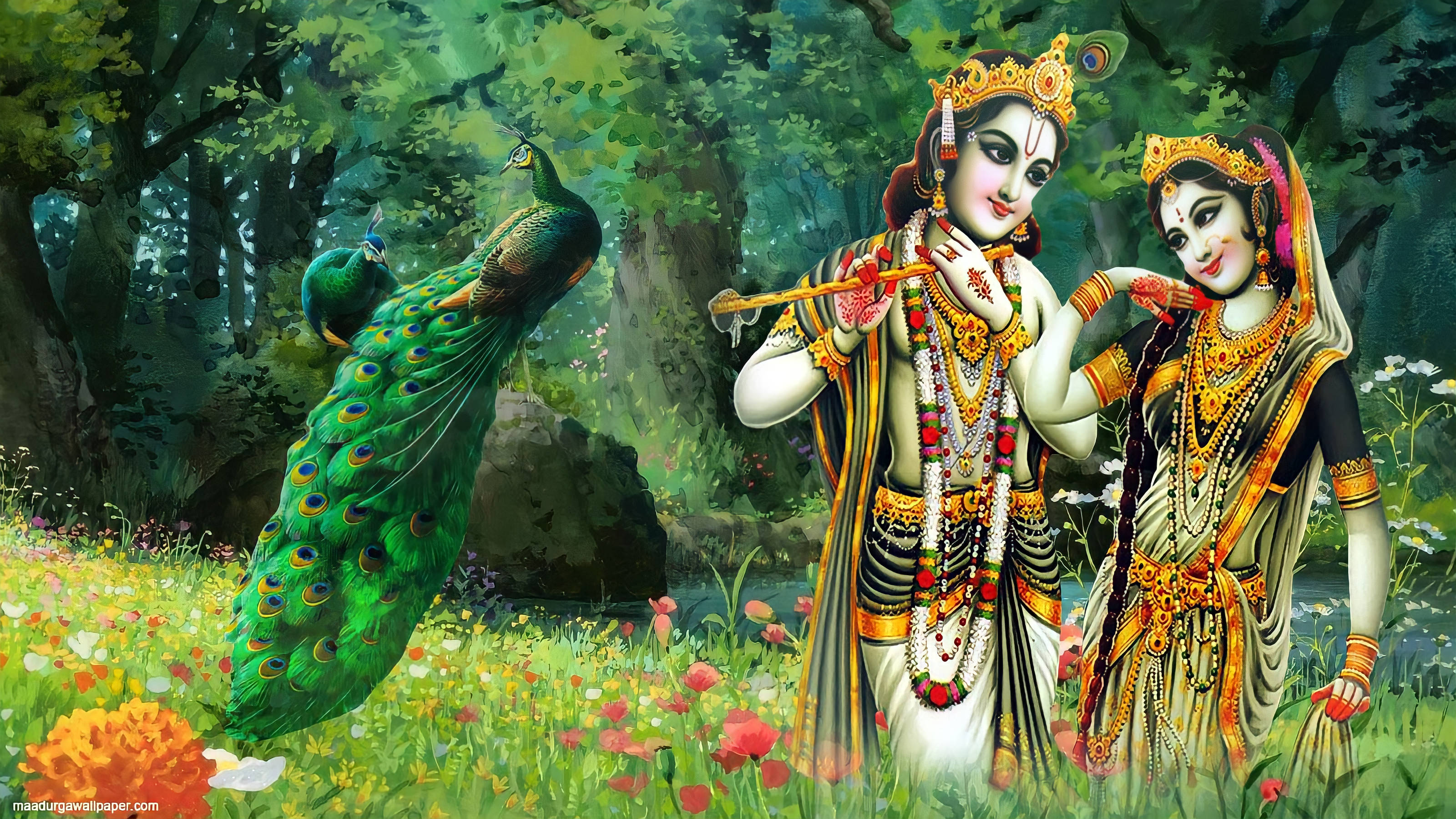 krishna 3d 桌布 壁紙 — 神聖人物克里希納和拉達身著華麗服飾，在茂盛的花林中吹奏長笛，身旁有一隻色彩鮮豔的孔雀。